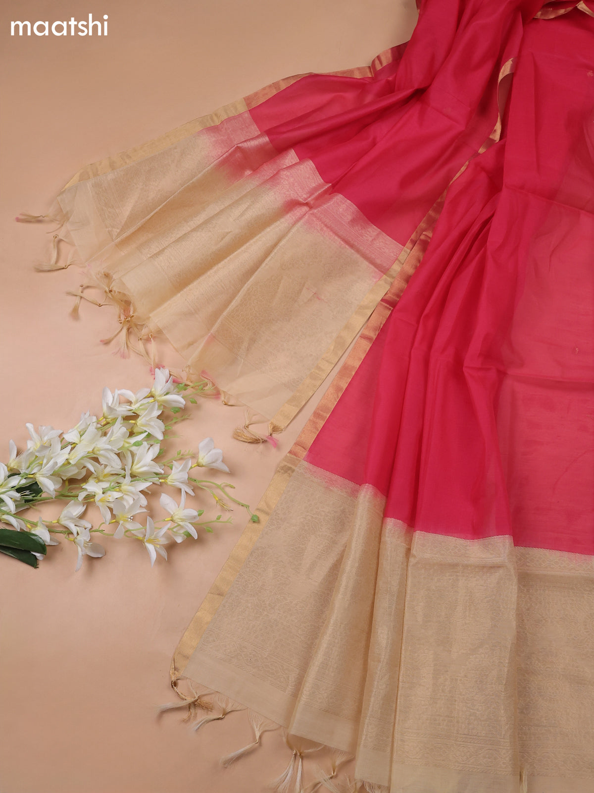 Sandal and Dark Pink Kora Silk Cotton Dress Material With Zari Buttas