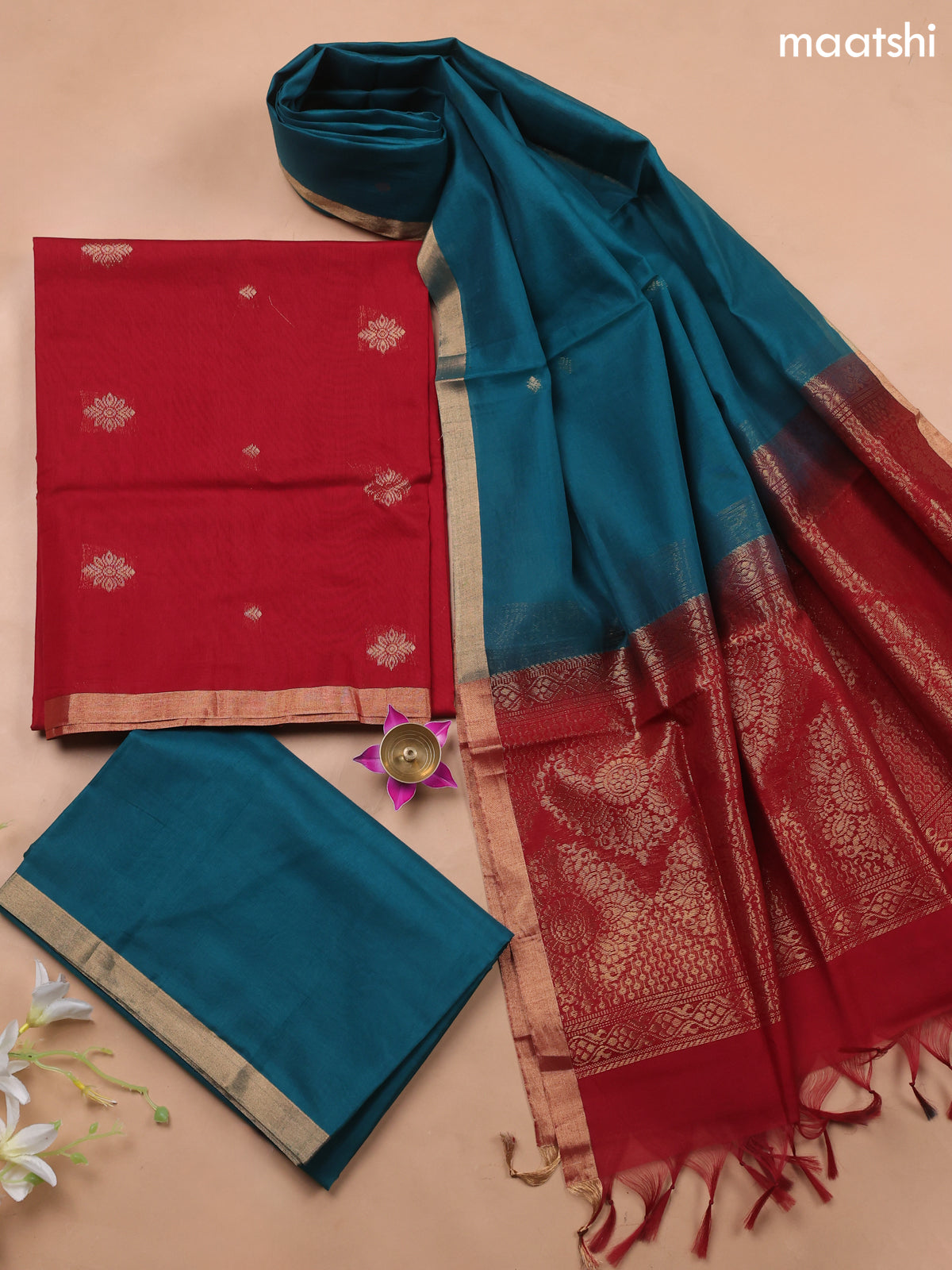 Maroon and Teal Green Kora Silk Cotton Dress Material With Zari Buttas