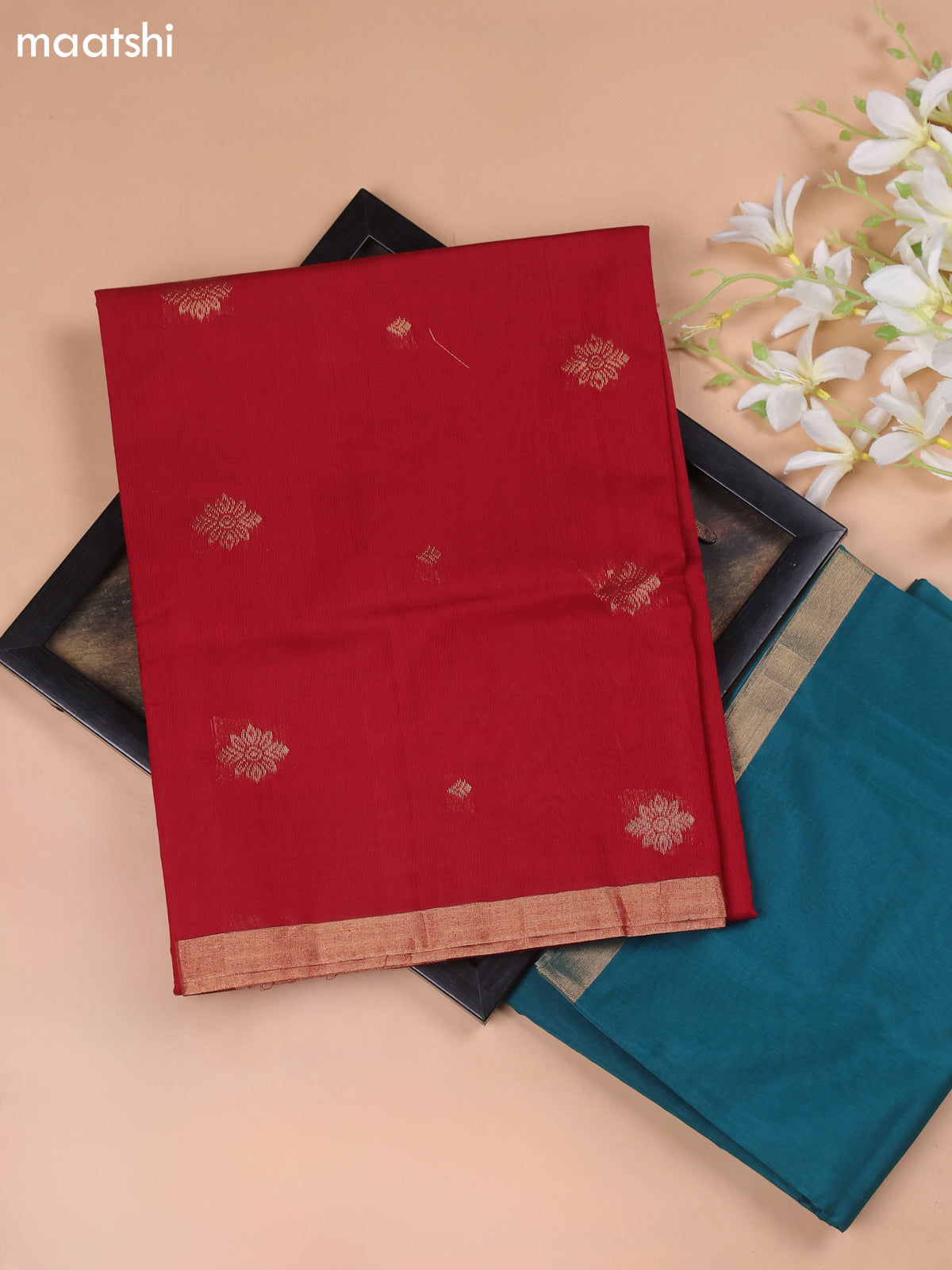 Maroon and Teal Green Kora Silk Cotton Dress Material With Zari Buttas