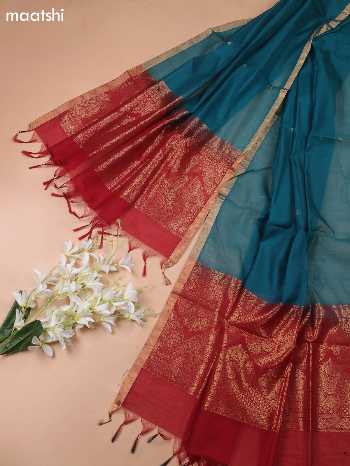 Maroon and Teal Green Kora Silk Cotton Dress Material With Zari Buttas
