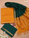 Mango Yellow and Dark Green Kora Silk Cotton Dress Material With Zari Buttas