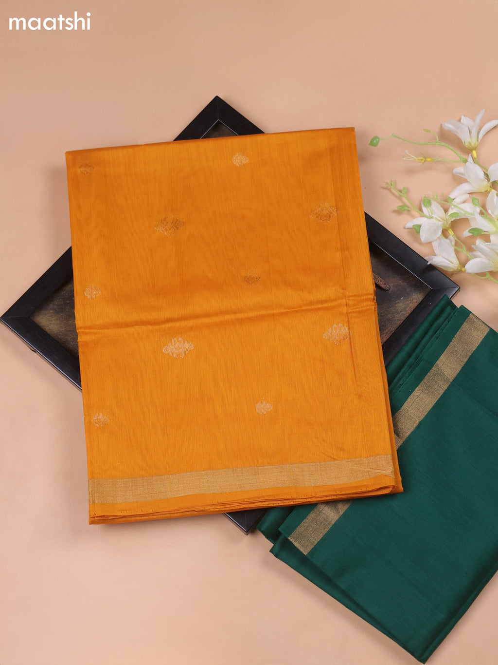 Mango Yellow and Dark Green Kora Silk Cotton Dress Material With Zari Buttas