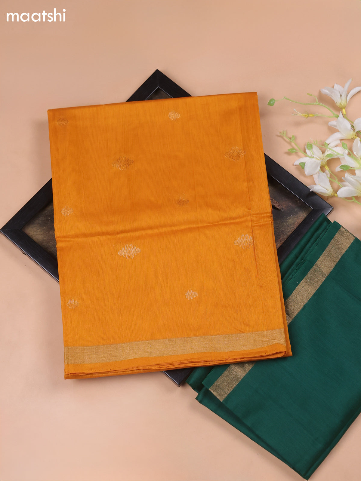 Mango Yellow and Dark Green Kora Silk Cotton Dress Material With Zari Buttas