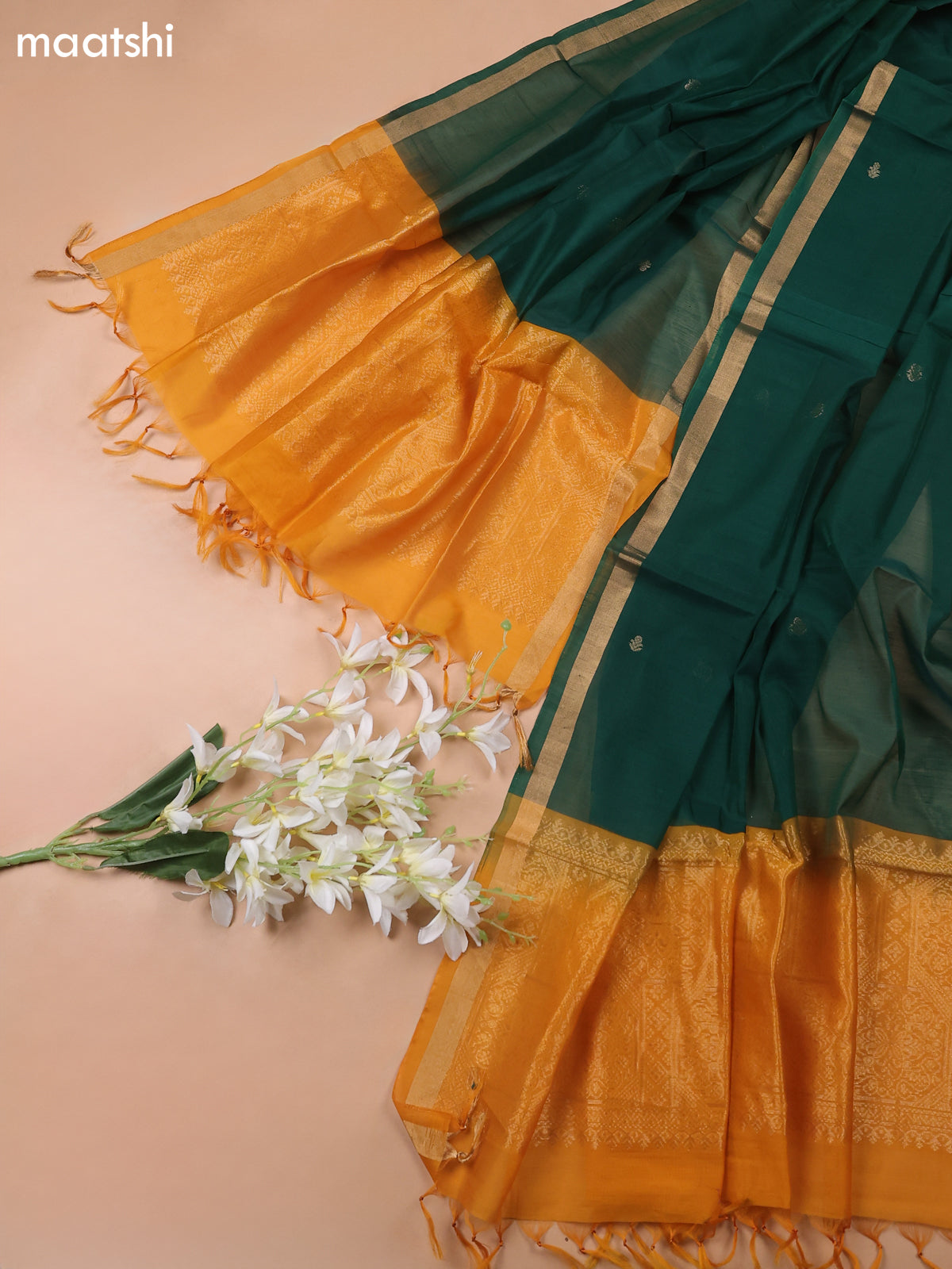 Mango Yellow and Dark Green Kora Silk Cotton Dress Material With Zari Buttas