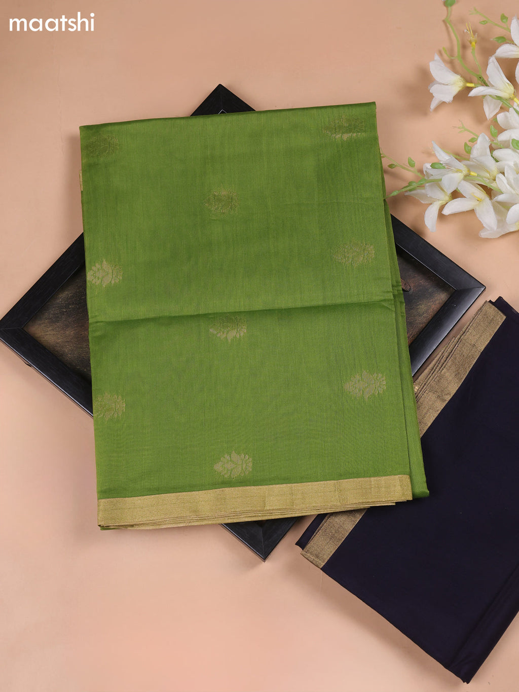 Light Green and Navy Blue Kora Silk Cotton Dress Material With Zari Buttas