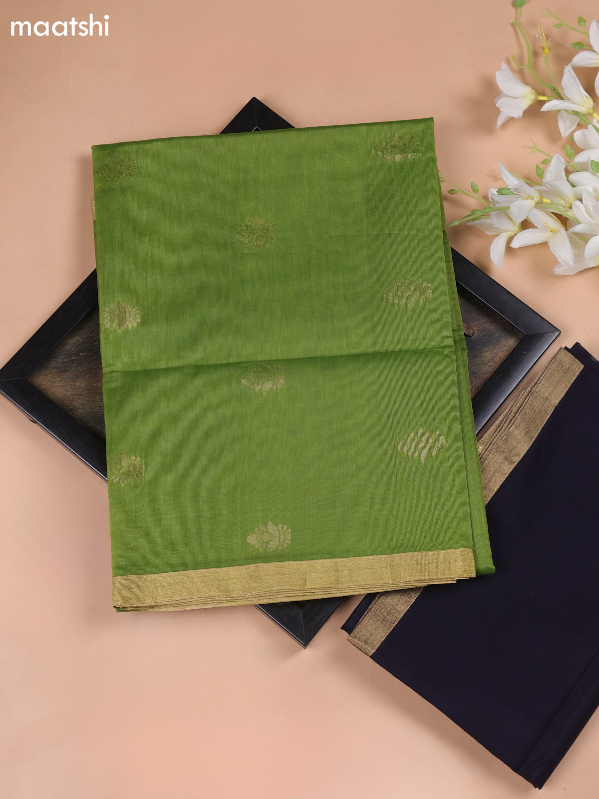 Light Green and Navy Blue Kora Silk Cotton Dress Material With Zari Buttas