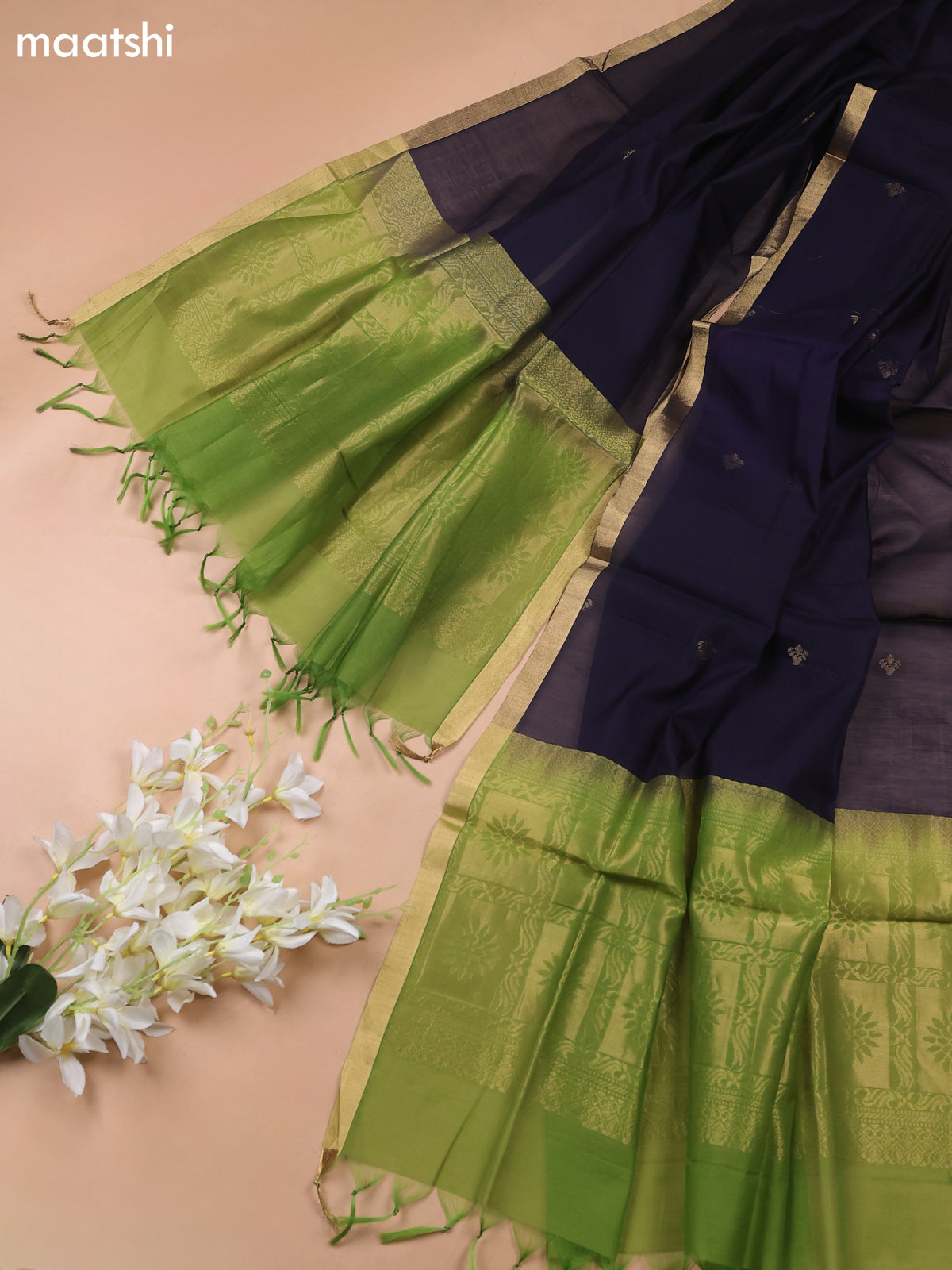 Light Green and Navy Blue Kora Silk Cotton Dress Material With Zari Buttas