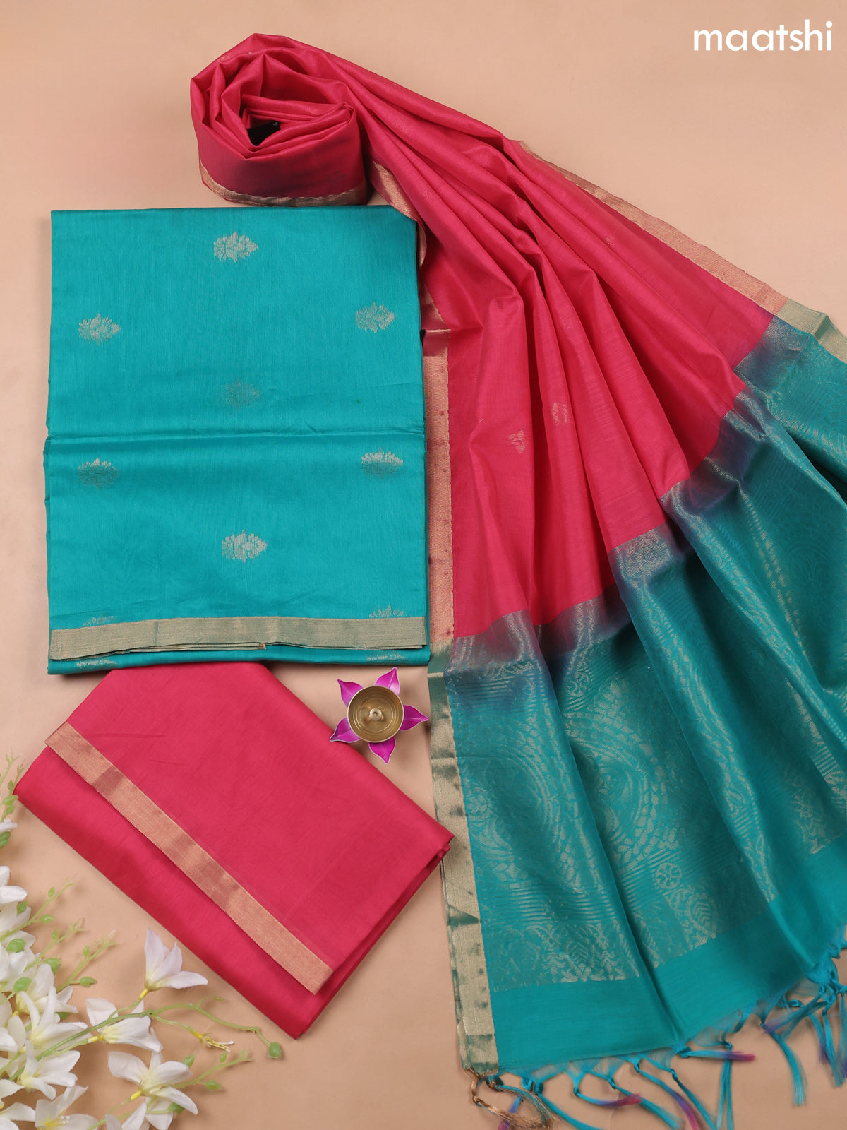 Teal Shade and Rani Pink Kora Silk Cotton Dress Material With Zari Buttas