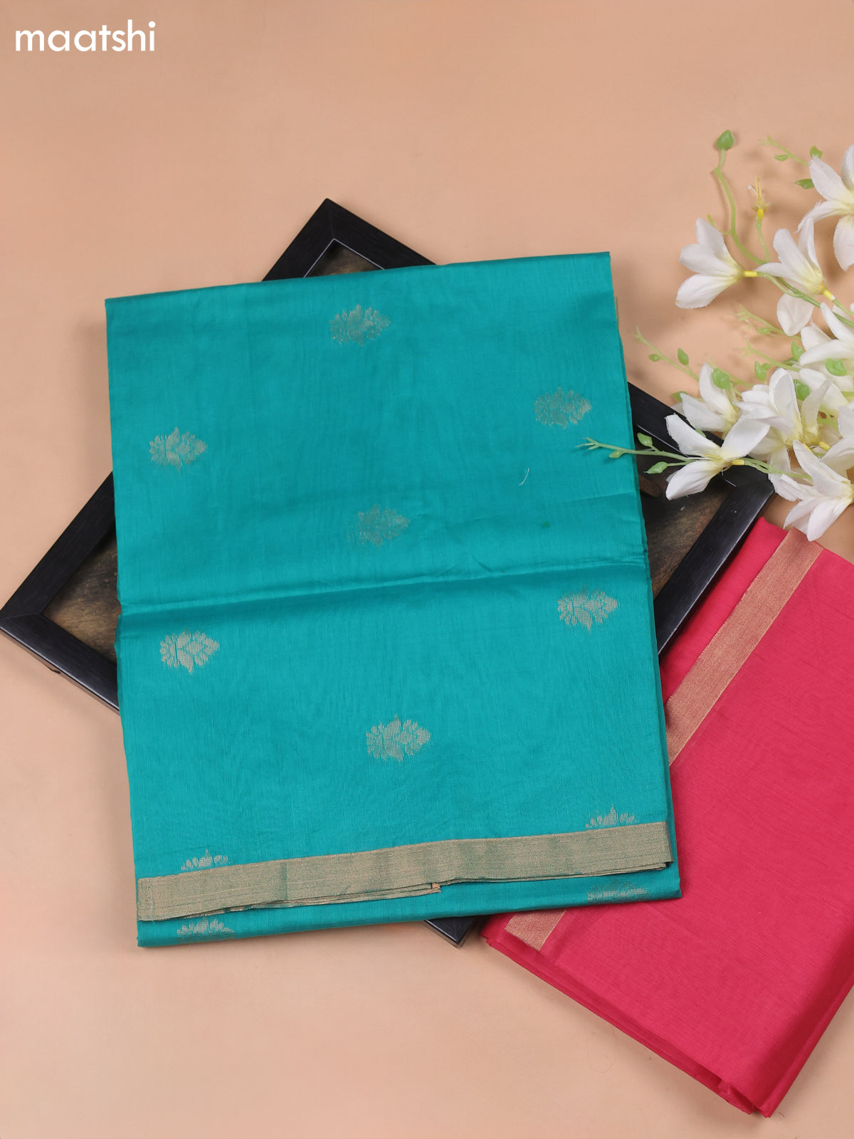 Teal Shade and Rani Pink Kora Silk Cotton Dress Material With Zari Buttas