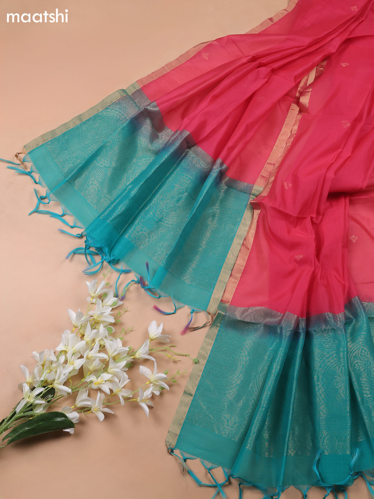 Teal Shade and Rani Pink Kora Silk Cotton Dress Material With Zari Buttas