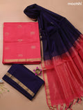 Candy Pink and Navy Blue Kora Silk Cotton Dress Material With Zari Buttas