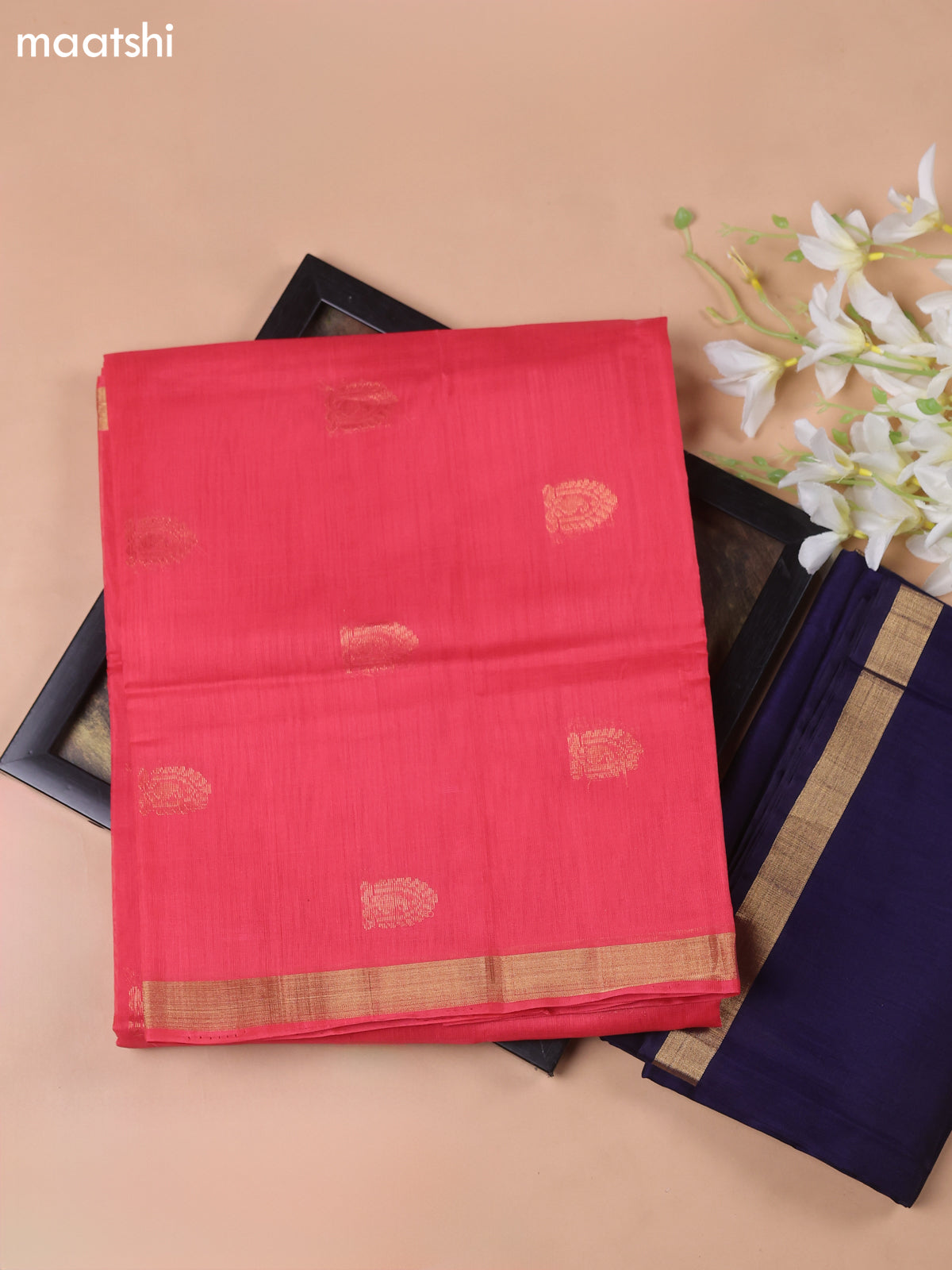 Candy Pink and Navy Blue Kora Silk Cotton Dress Material With Zari Buttas