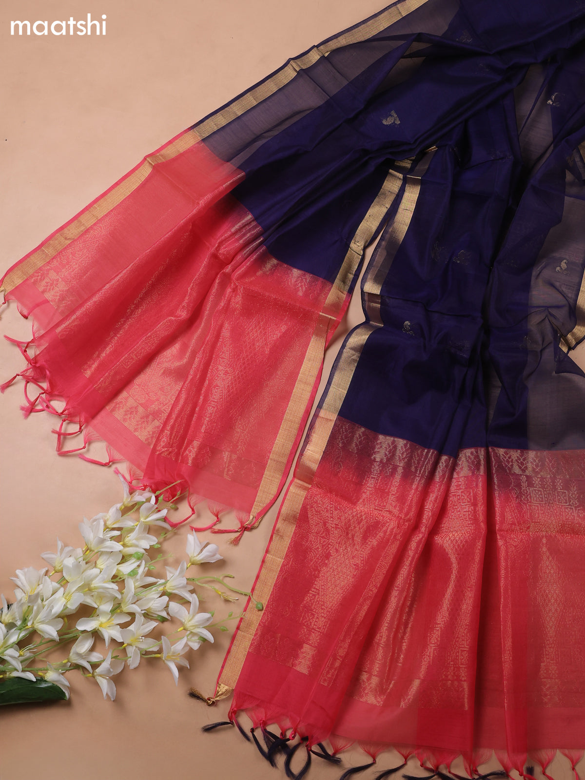 Candy Pink and Navy Blue Kora Silk Cotton Dress Material With Zari Buttas
