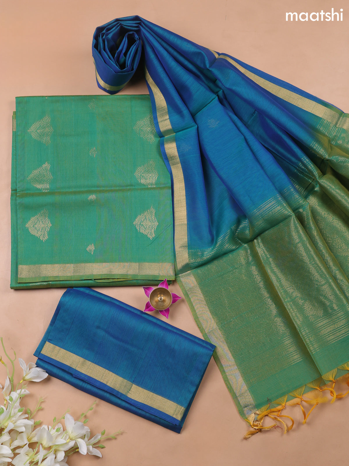 Dual Shade Of Green and Dual Shade Of Blue Kora Silk Cotton Dress Material With Zari Buttas