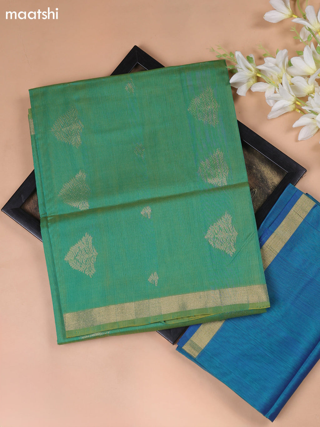 Dual Shade Of Green and Dual Shade Of Blue Kora Silk Cotton Dress Material With Zari Buttas