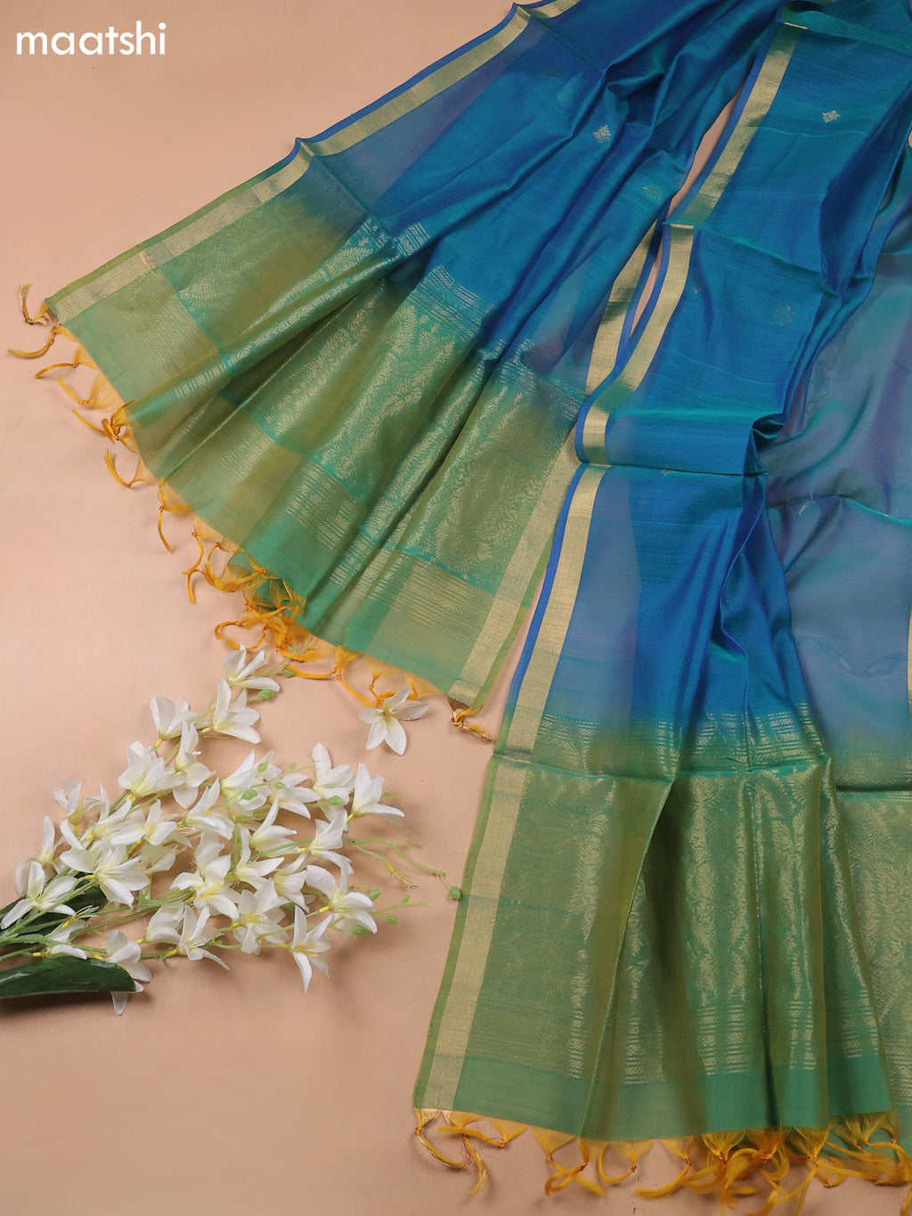 Dual Shade Of Green and Dual Shade Of Blue Kora Silk Cotton Dress Material With Zari Buttas