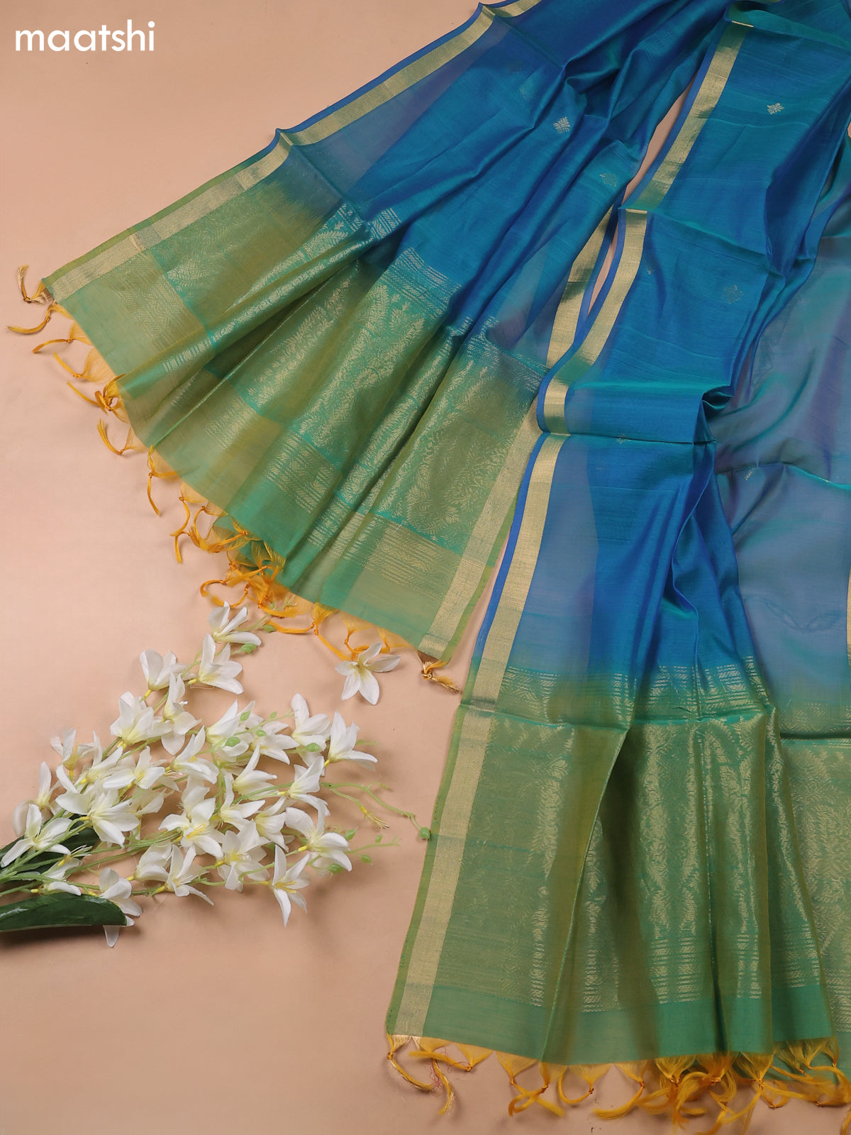 Dual Shade Of Green and Dual Shade Of Blue Kora Silk Cotton Dress Material With Zari Buttas