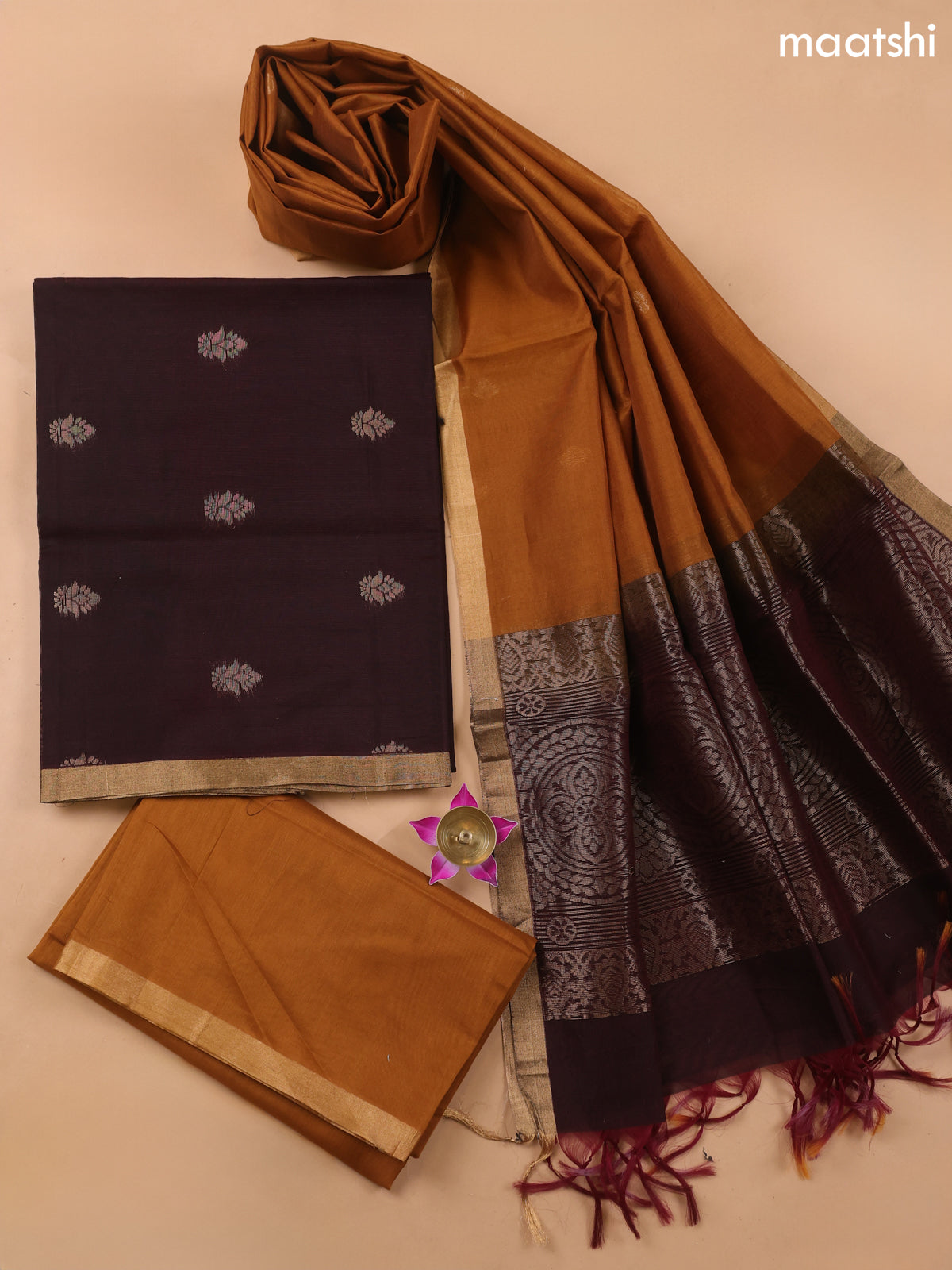 Deep Coffee Brown and Dark Musted Kora Silk Cotton Dress Material With Zari Buttas