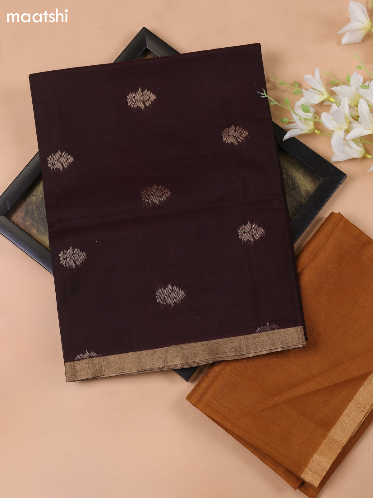 Deep Coffee Brown and Dark Musted Kora Silk Cotton Dress Material With Zari Buttas