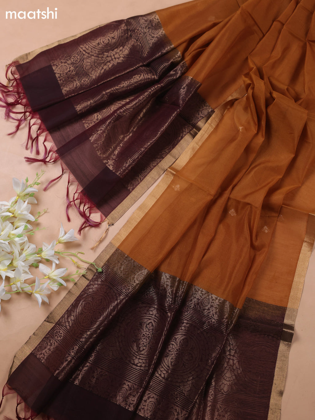 Deep Coffee Brown and Dark Musted Kora Silk Cotton Dress Material With Zari Buttas
