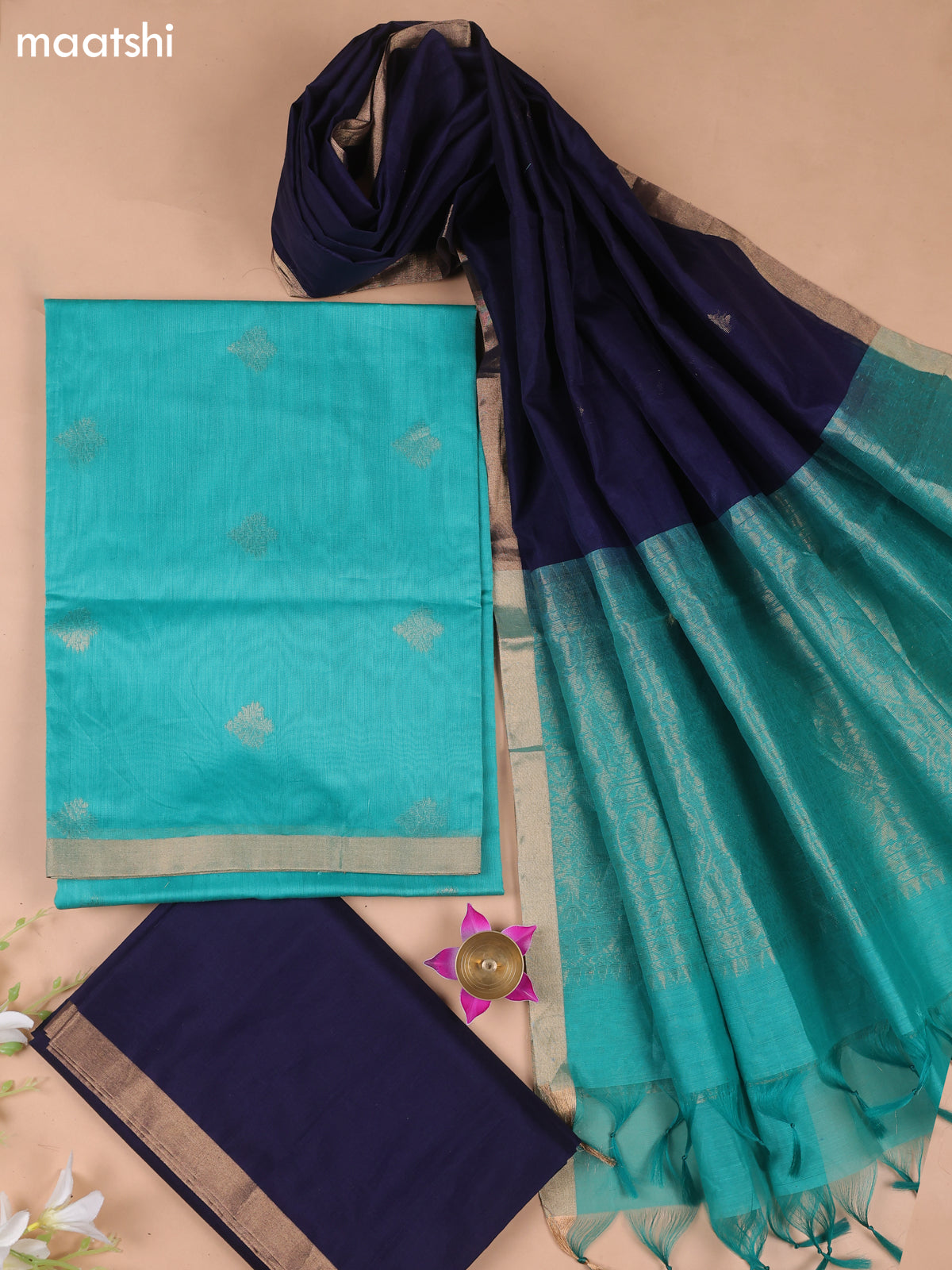 Teal Shade and Navy Blue Kora Silk Cotton Dress Material With Zari Buttas