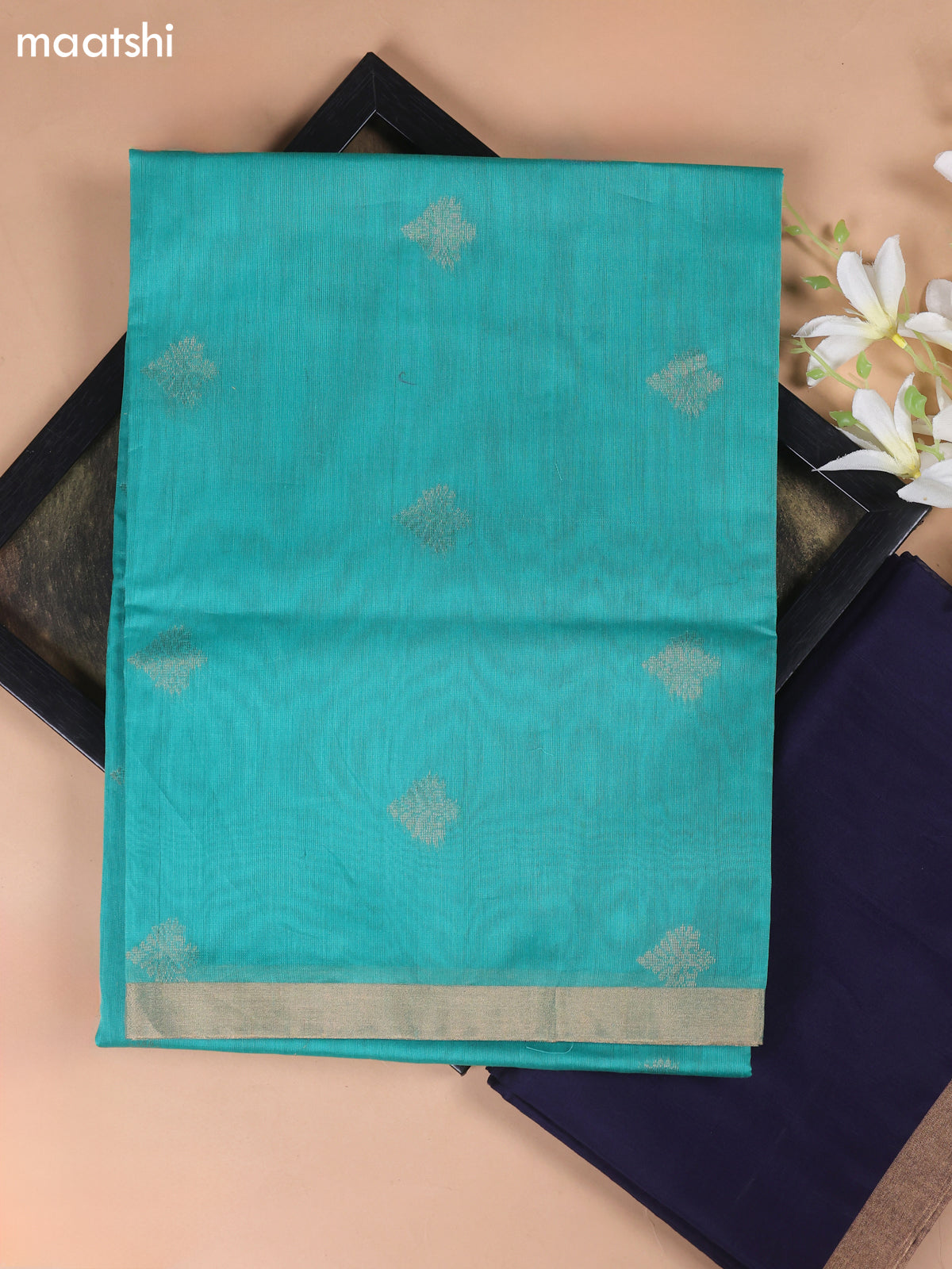 Teal Shade and Navy Blue Kora Silk Cotton Dress Material With Zari Buttas