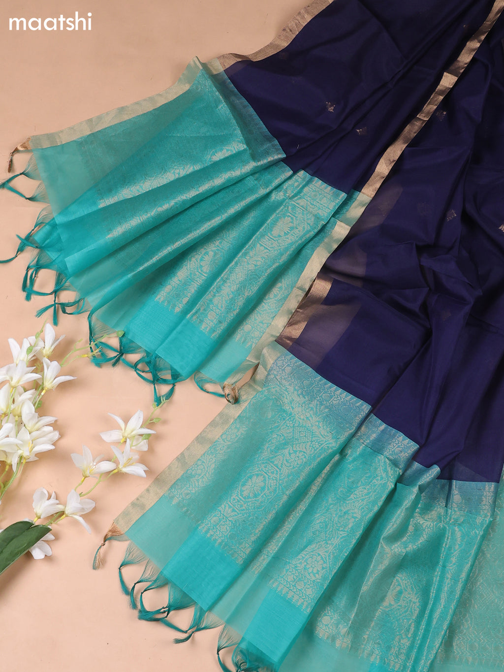 Teal Shade and Navy Blue Kora Silk Cotton Dress Material With Zari Buttas