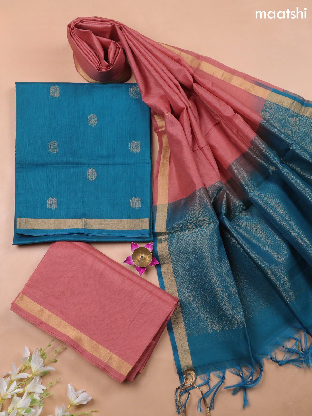 Peacock Blue and Dark Peach Kora Silk Cotton Dress Material With Zari Buttas