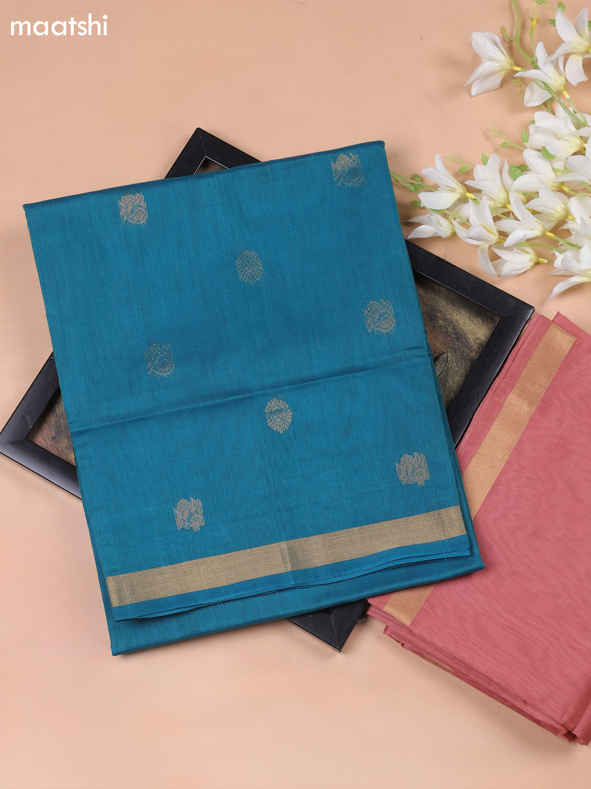 Peacock Blue and Dark Peach Kora Silk Cotton Dress Material With Zari Buttas