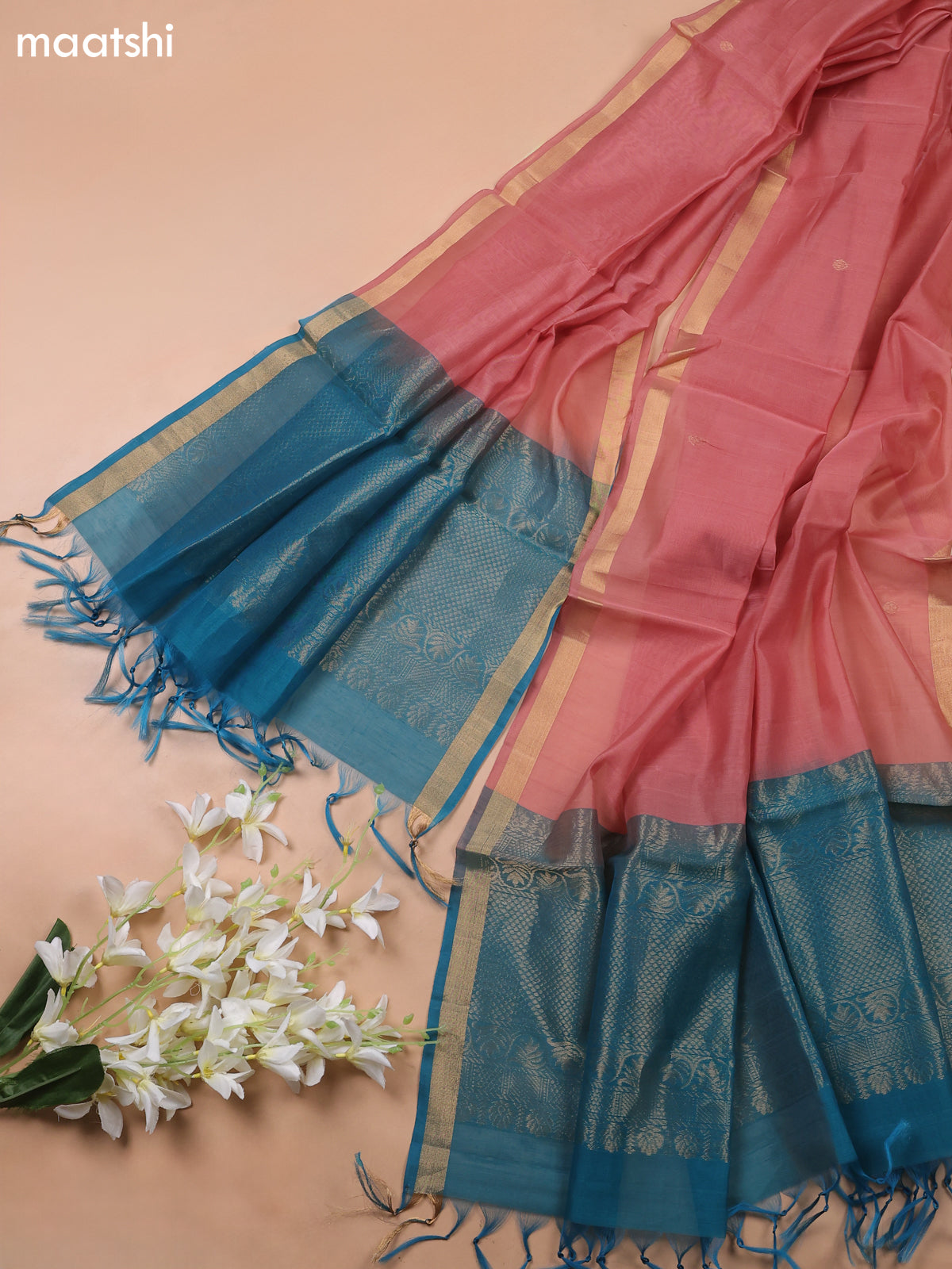 Peacock Blue and Dark Peach Kora Silk Cotton Dress Material With Zari Buttas