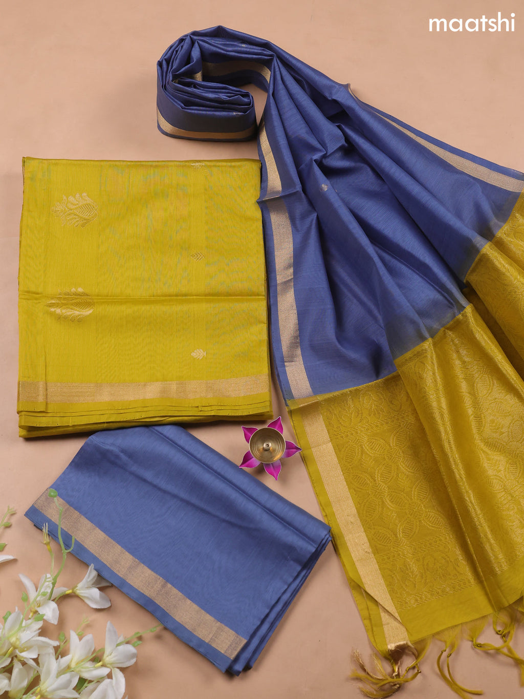 Musted Yellow and Blue Kora Silk Cotton Dress Material With Zari Buttas