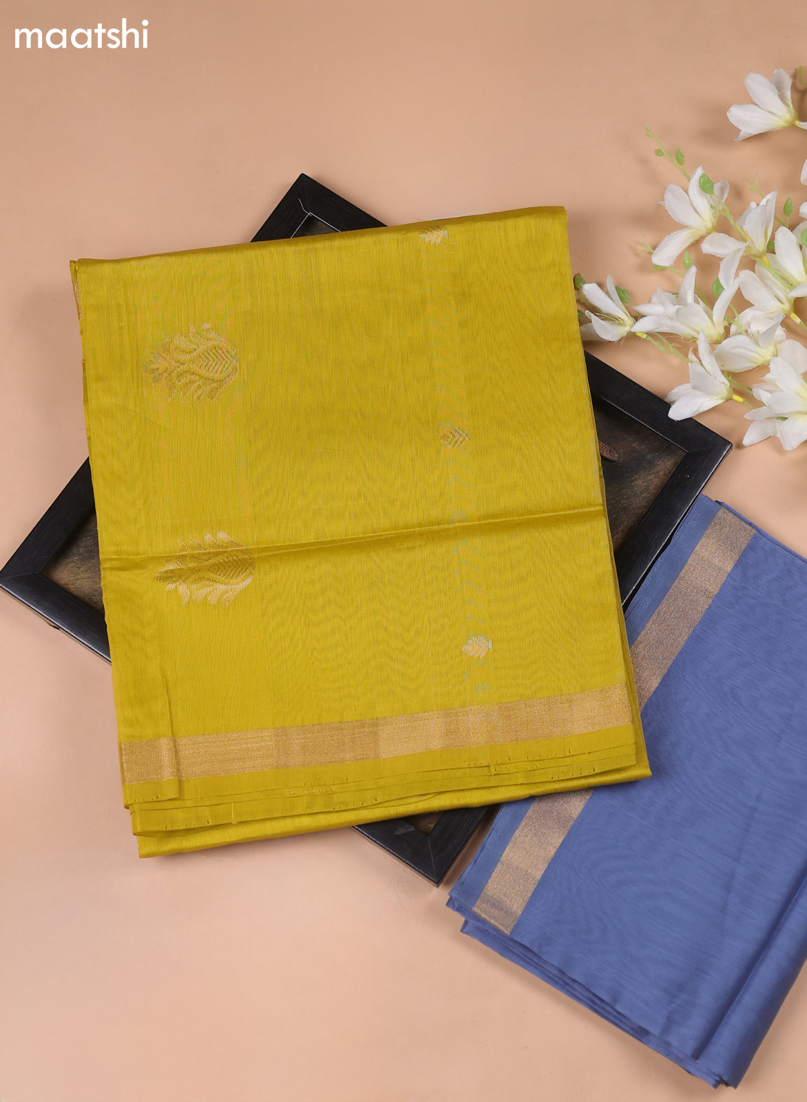 Musted Yellow and Blue Kora Silk Cotton Dress Material With Zari Buttas