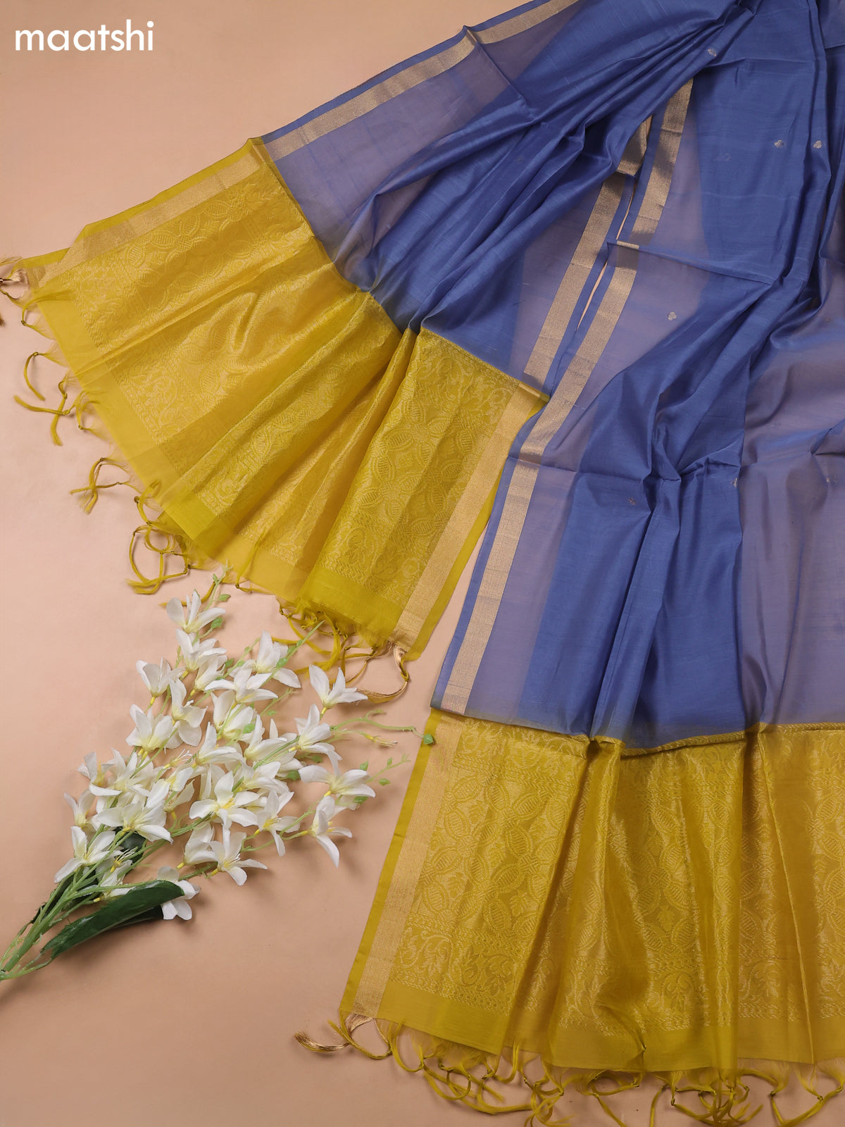 Musted Yellow and Blue Kora Silk Cotton Dress Material With Zari Buttas