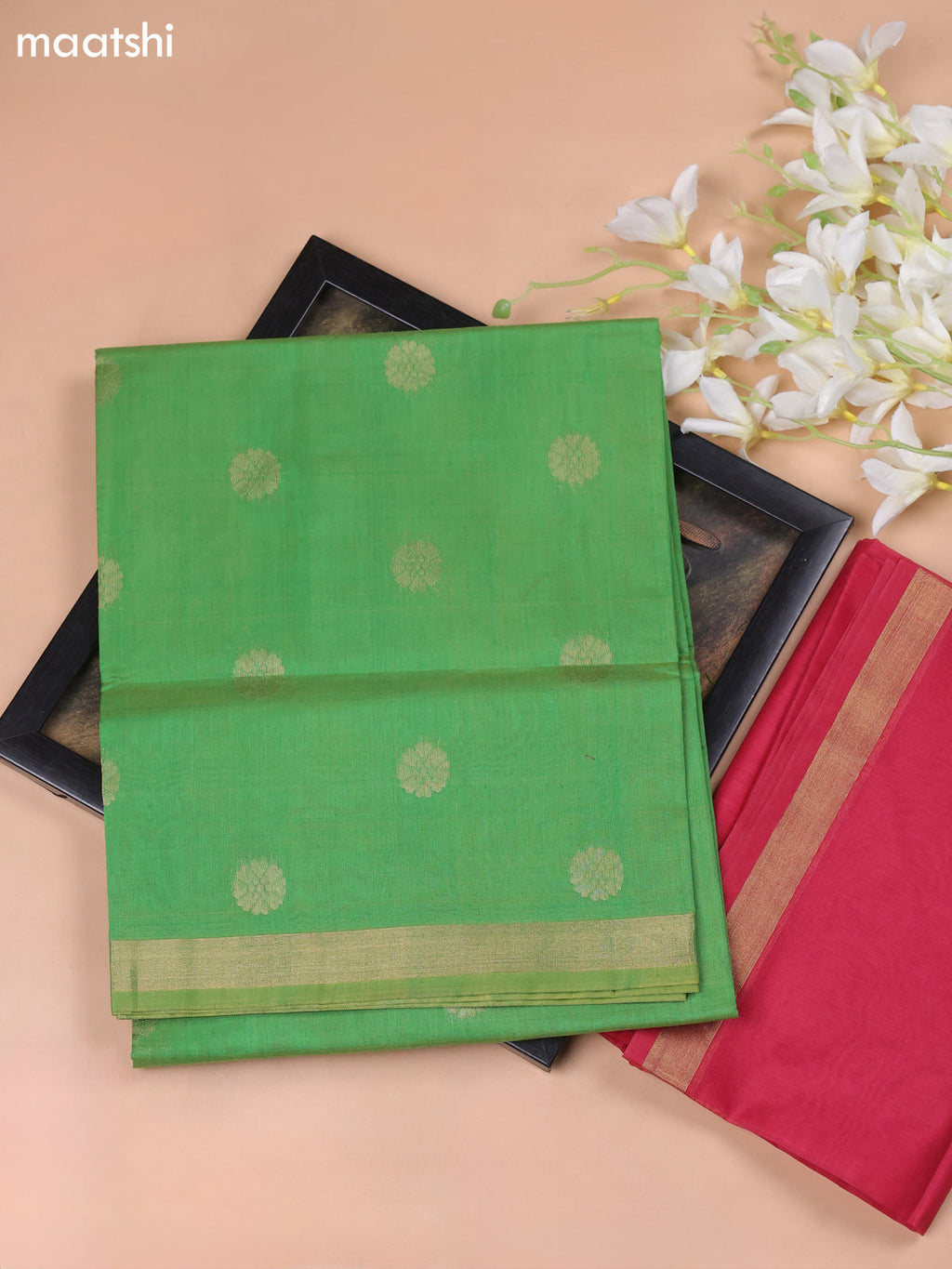 Dual Shade Of Green and Pink Kora Silk Cotton Dress Material With Zari Buttas