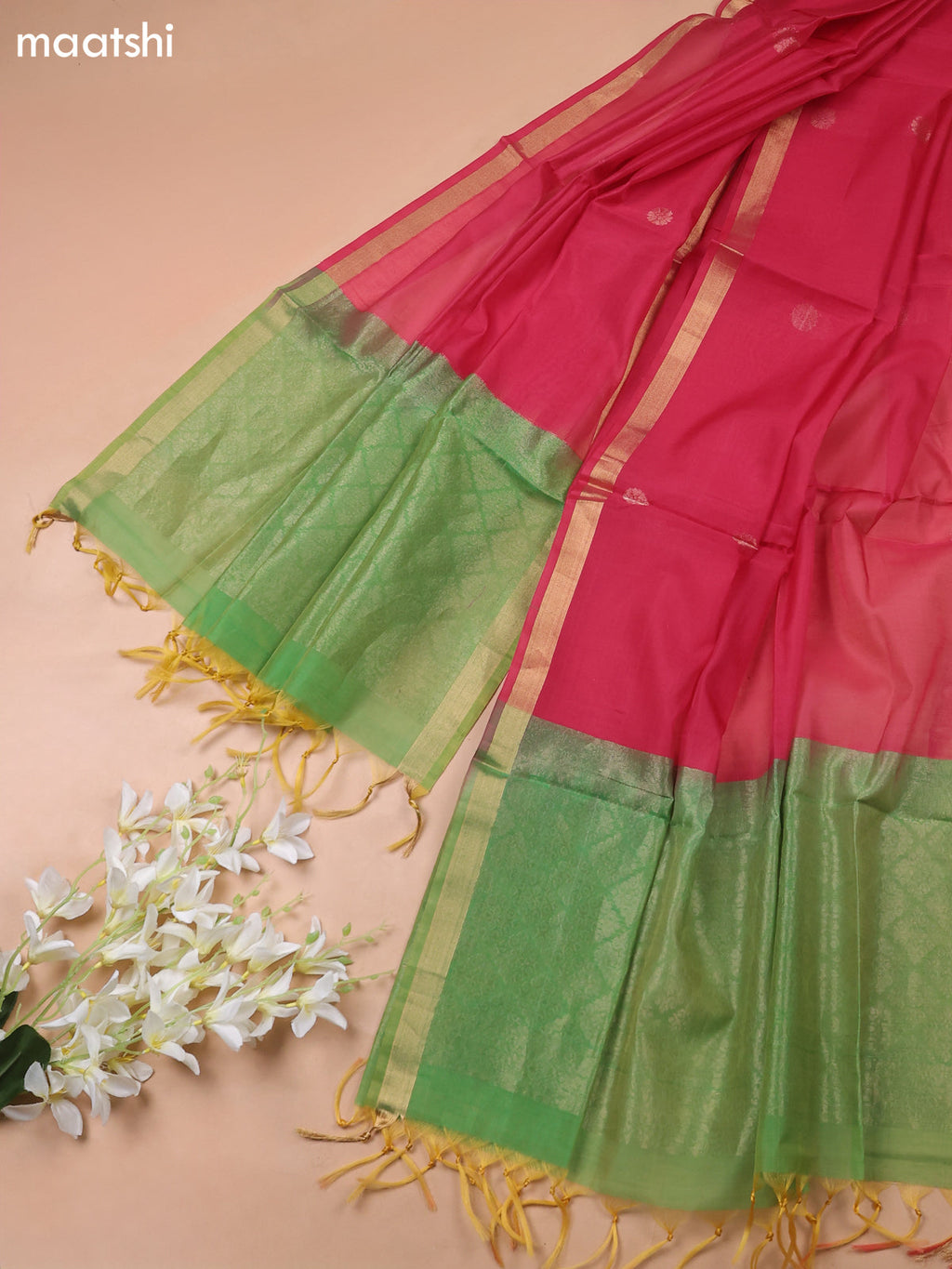 Dual Shade Of Green and Pink Kora Silk Cotton Dress Material With Zari Buttas