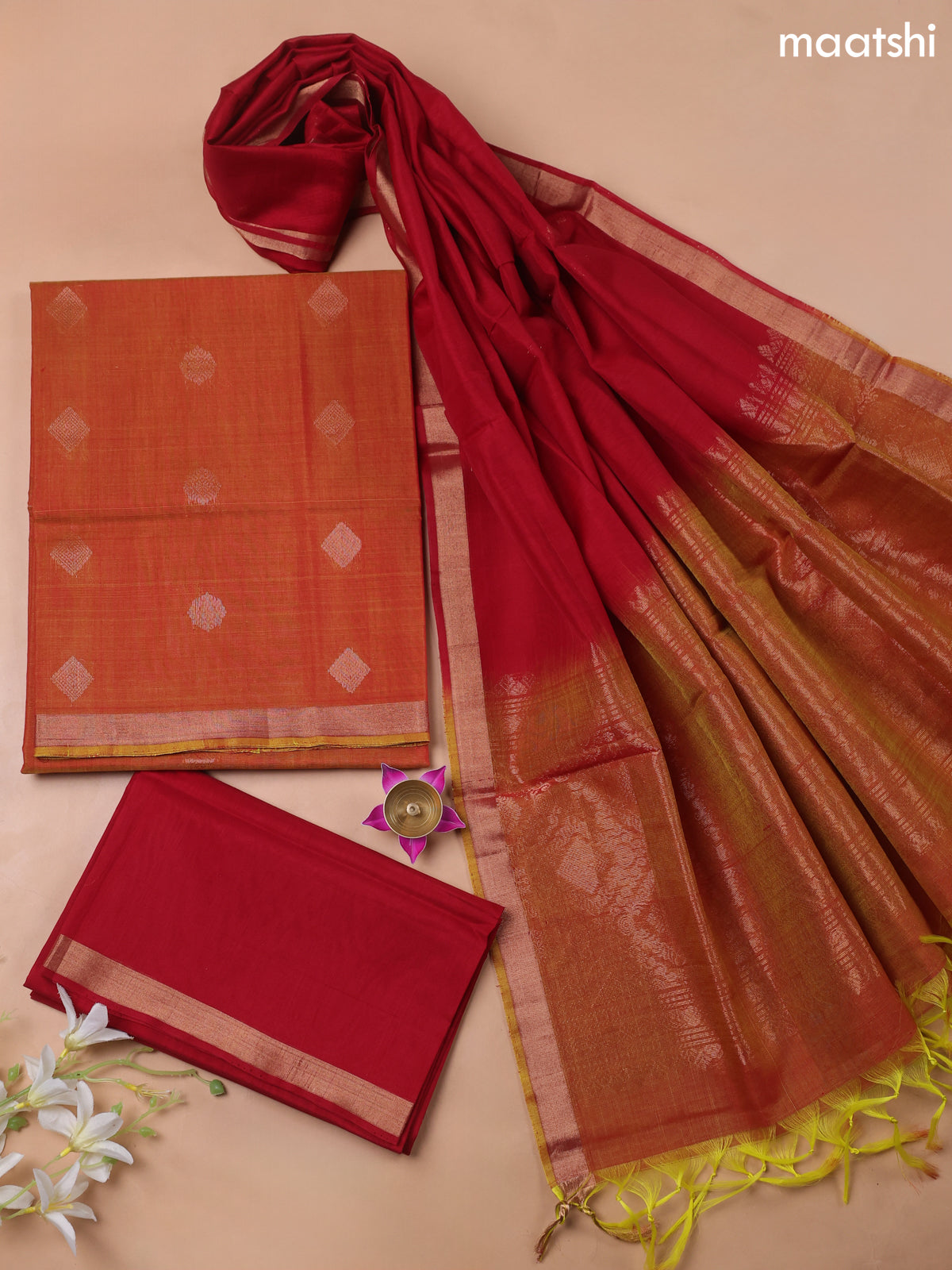 Dual Shade Of Rust and Kumkum Red Kora Silk Cotton Dress Material With Zari Buttas