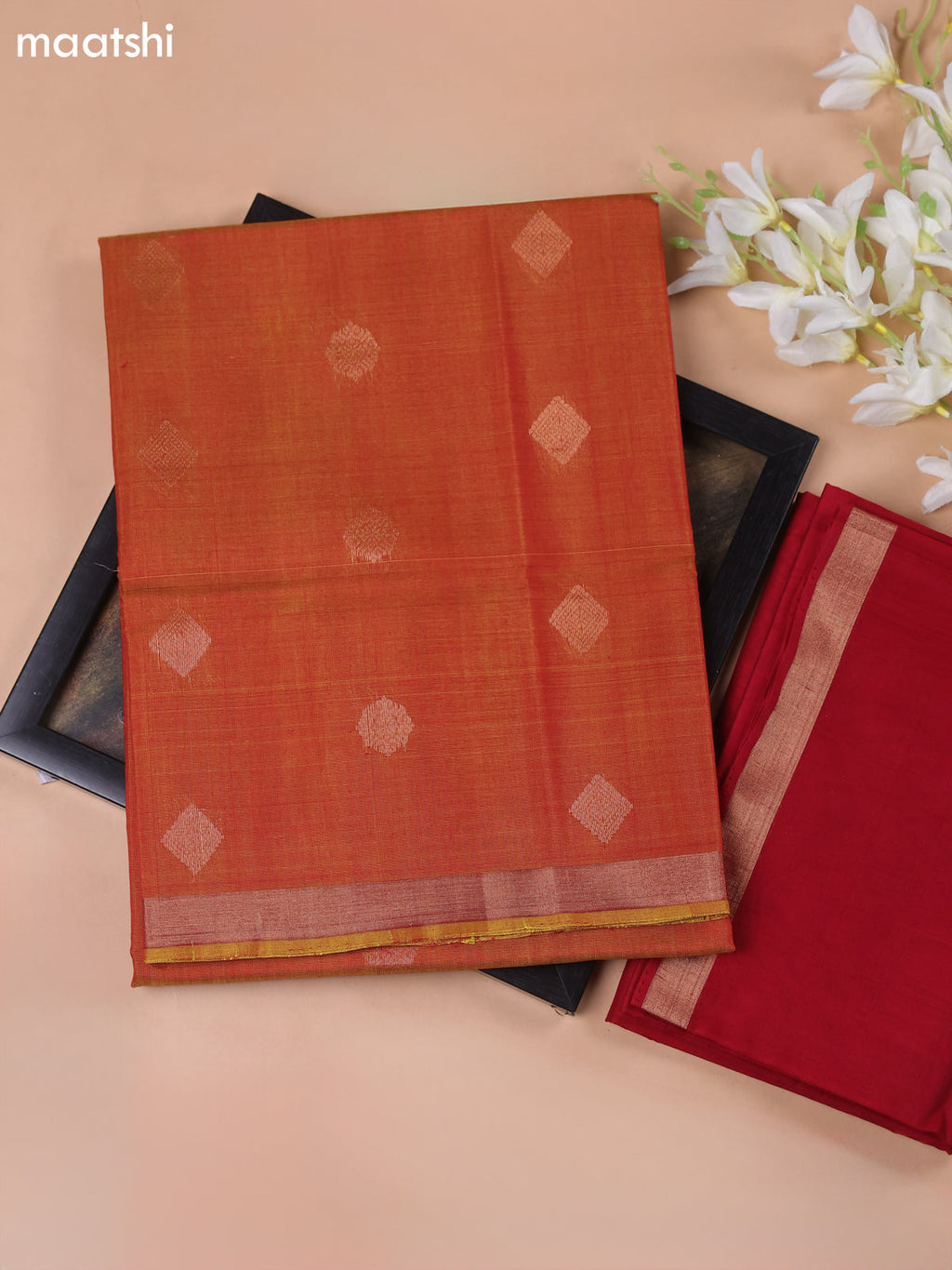 Dual Shade Of Rust and Kumkum Red Kora Silk Cotton Dress Material With Zari Buttas