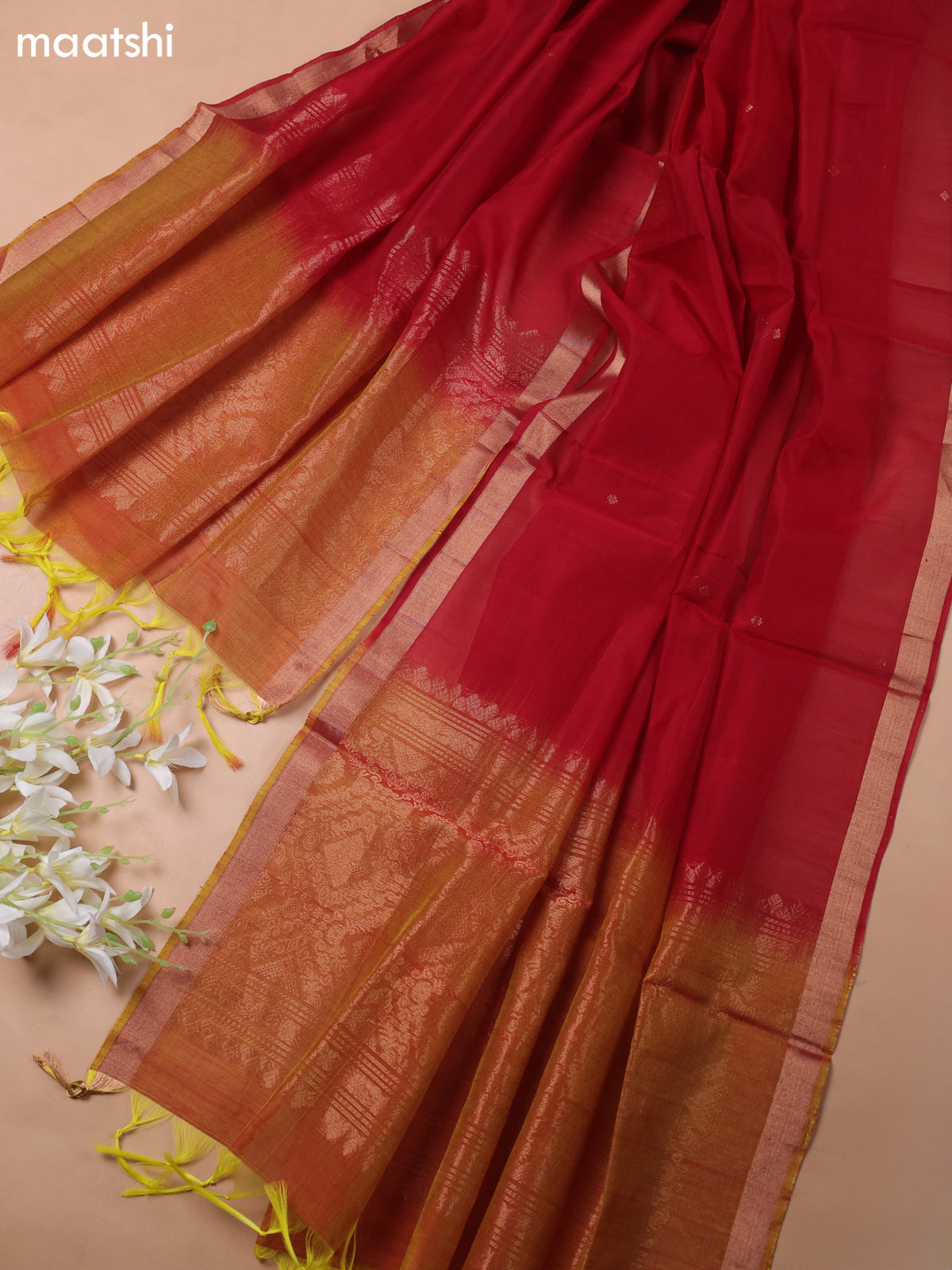 Dual Shade Of Rust and Kumkum Red Kora Silk Cotton Dress Material With Zari Buttas