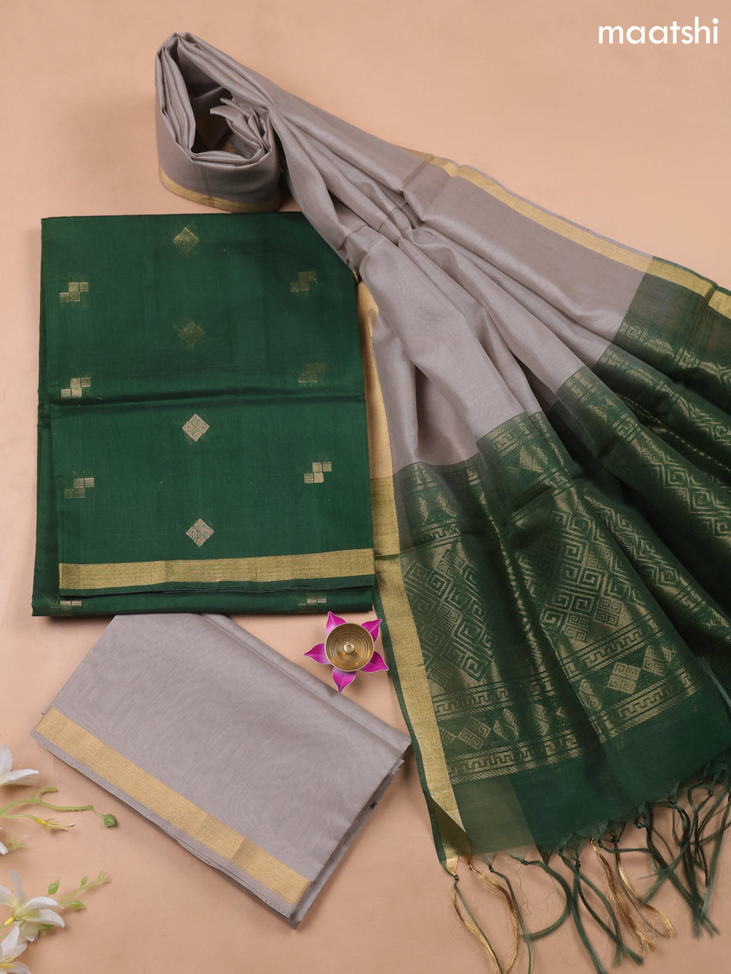 Dark Green and Pastel Grey Kora Silk Cotton Dress Material With Zari Buttas