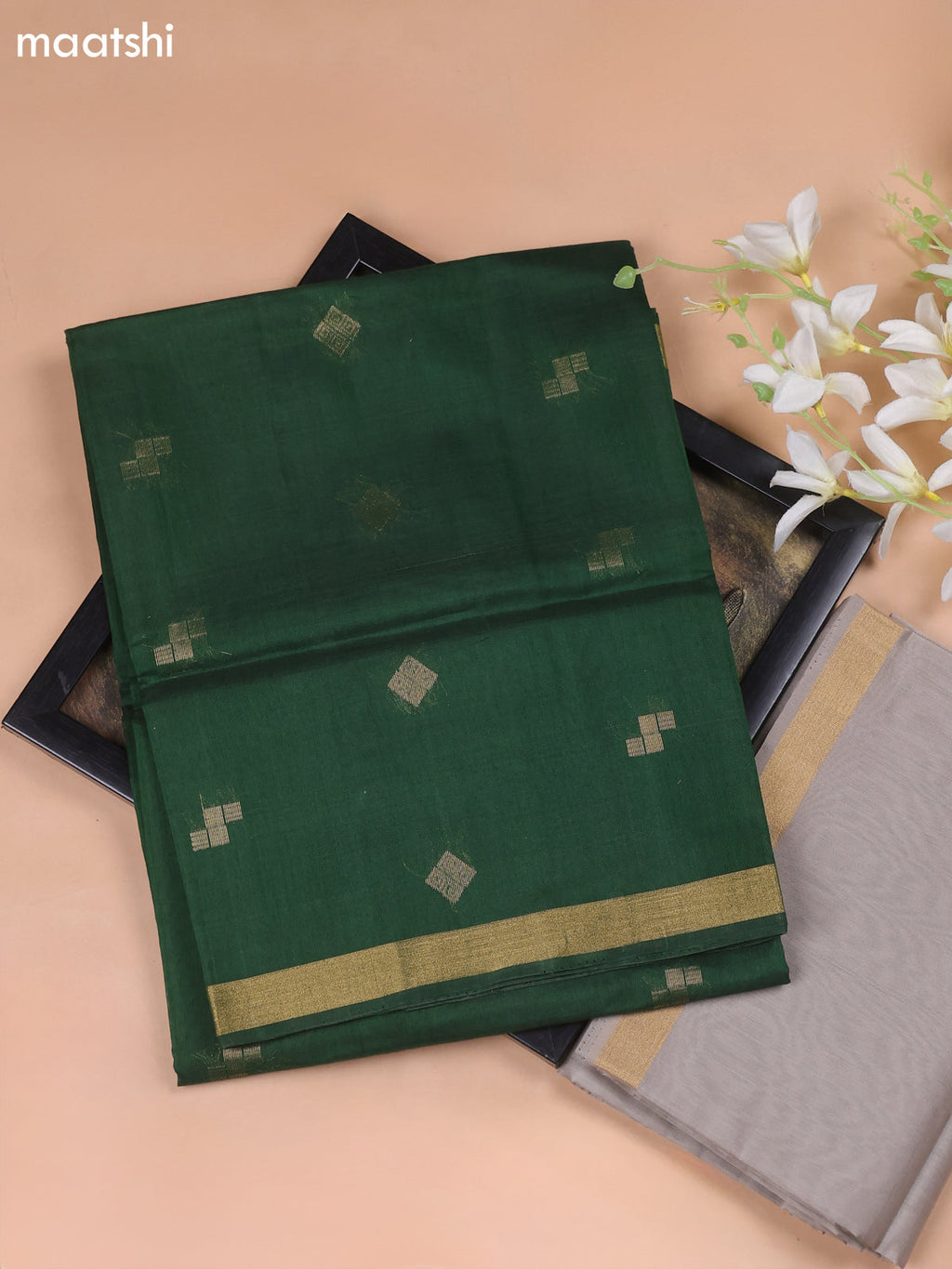 Dark Green and Pastel Grey Kora Silk Cotton Dress Material With Zari Buttas