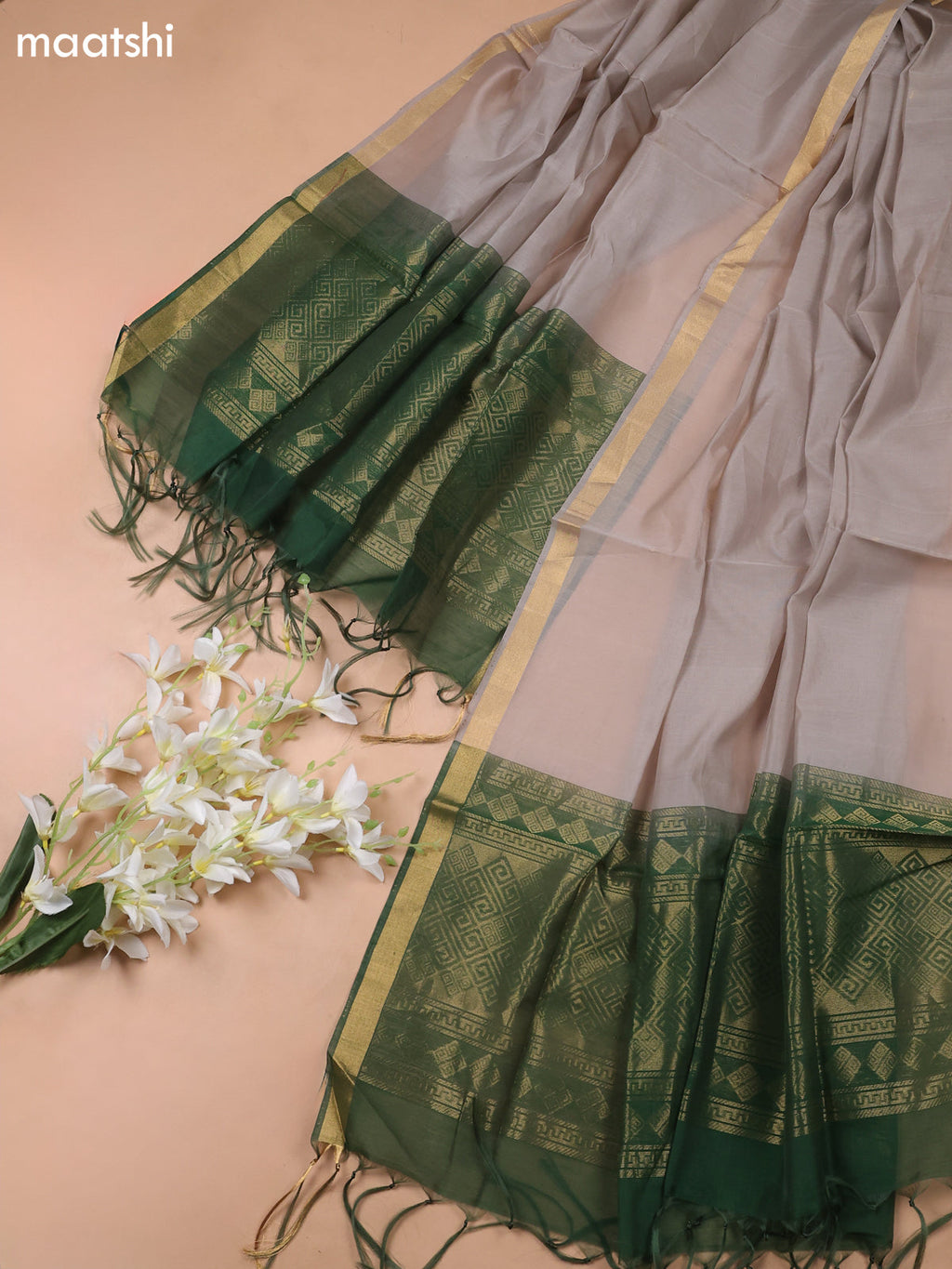 Dark Green and Pastel Grey Kora Silk Cotton Dress Material With Zari Buttas