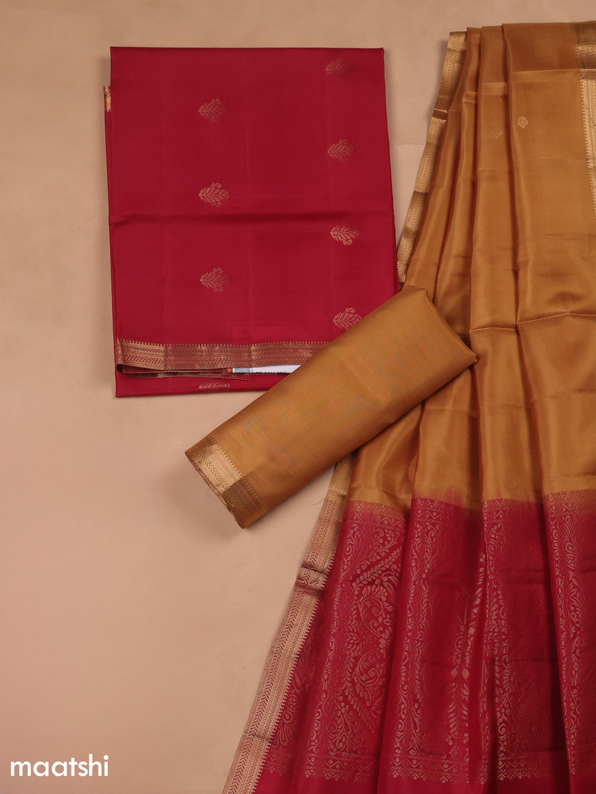 Kumkum Red and Mustard Yellow Pure Silk Dress Material With Zari Butta