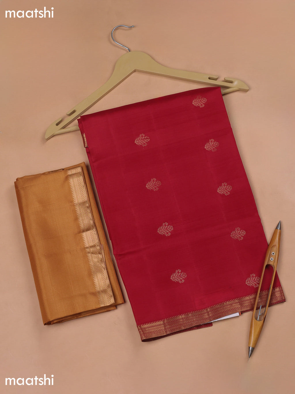 Kumkum Red and Mustard Yellow Pure Silk Dress Material With Zari Butta