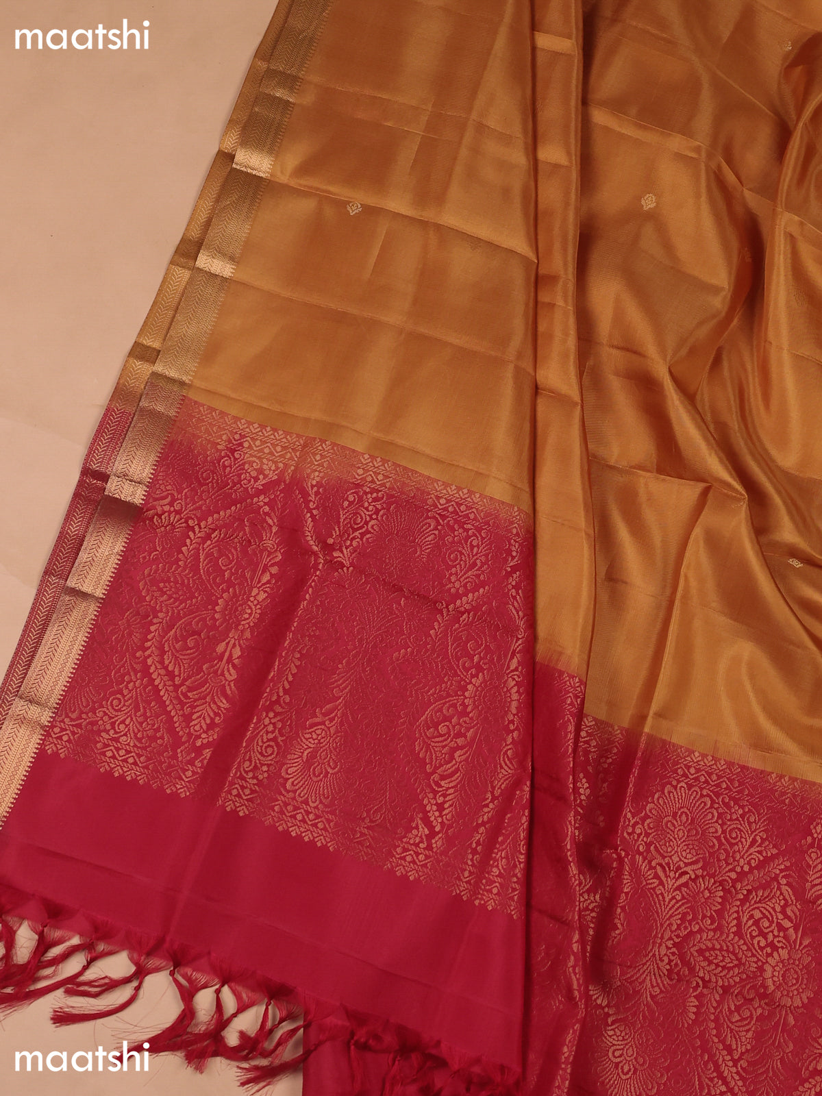 Kumkum Red and Mustard Yellow Pure Silk Dress Material With Zari Butta