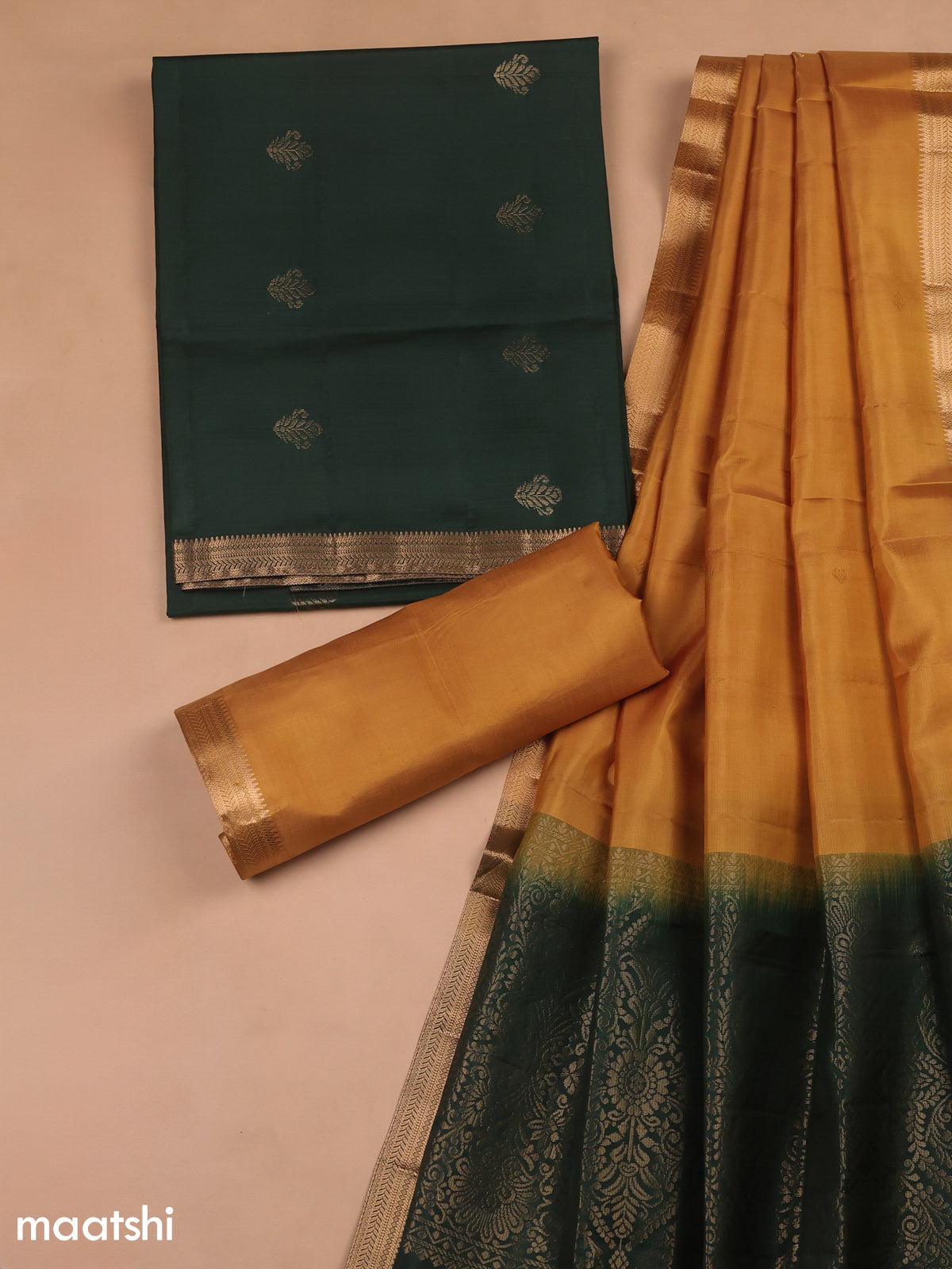 Dark Green and Mustard Yellow Pure Silk Dress Material With Zari Butta