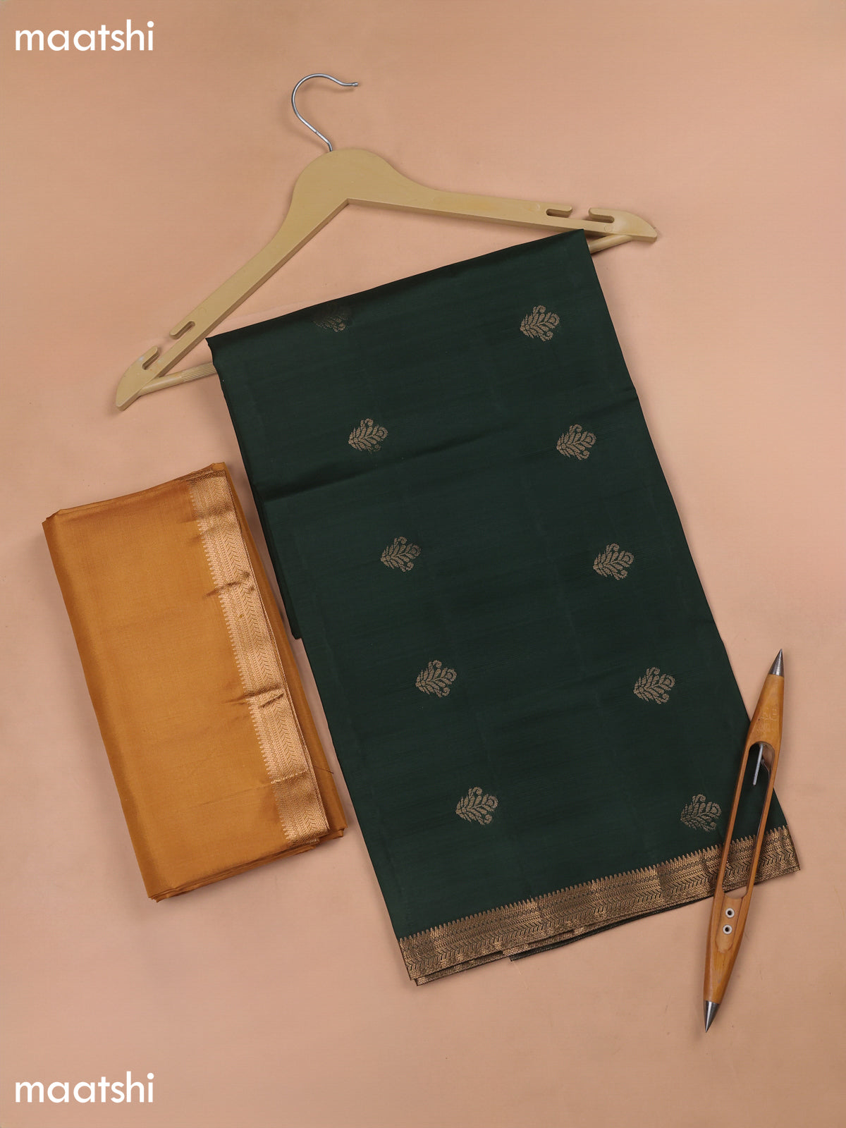 Dark Green and Mustard Yellow Pure Silk Dress Material With Zari Butta