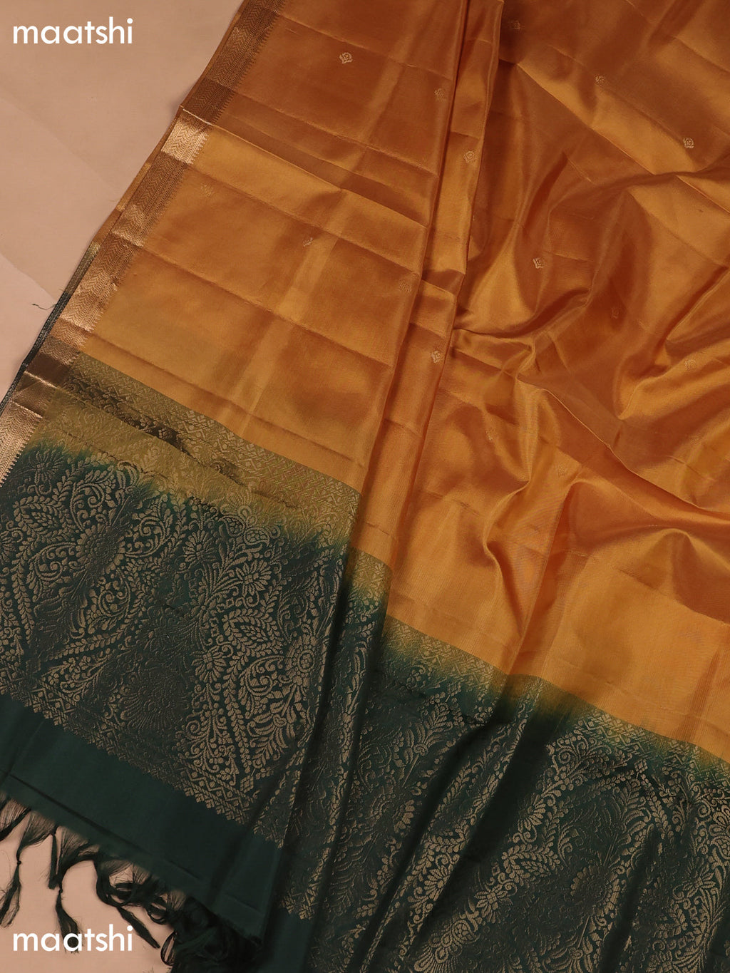 Dark Green and Mustard Yellow Pure Silk Dress Material With Zari Butta