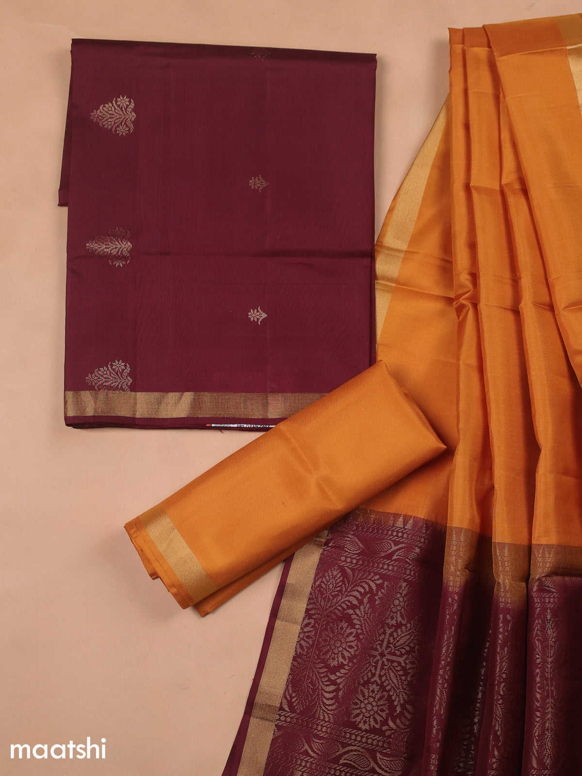 Deep Maroon and Mango Yellow Pure Silk Dress Material With Zari Butta