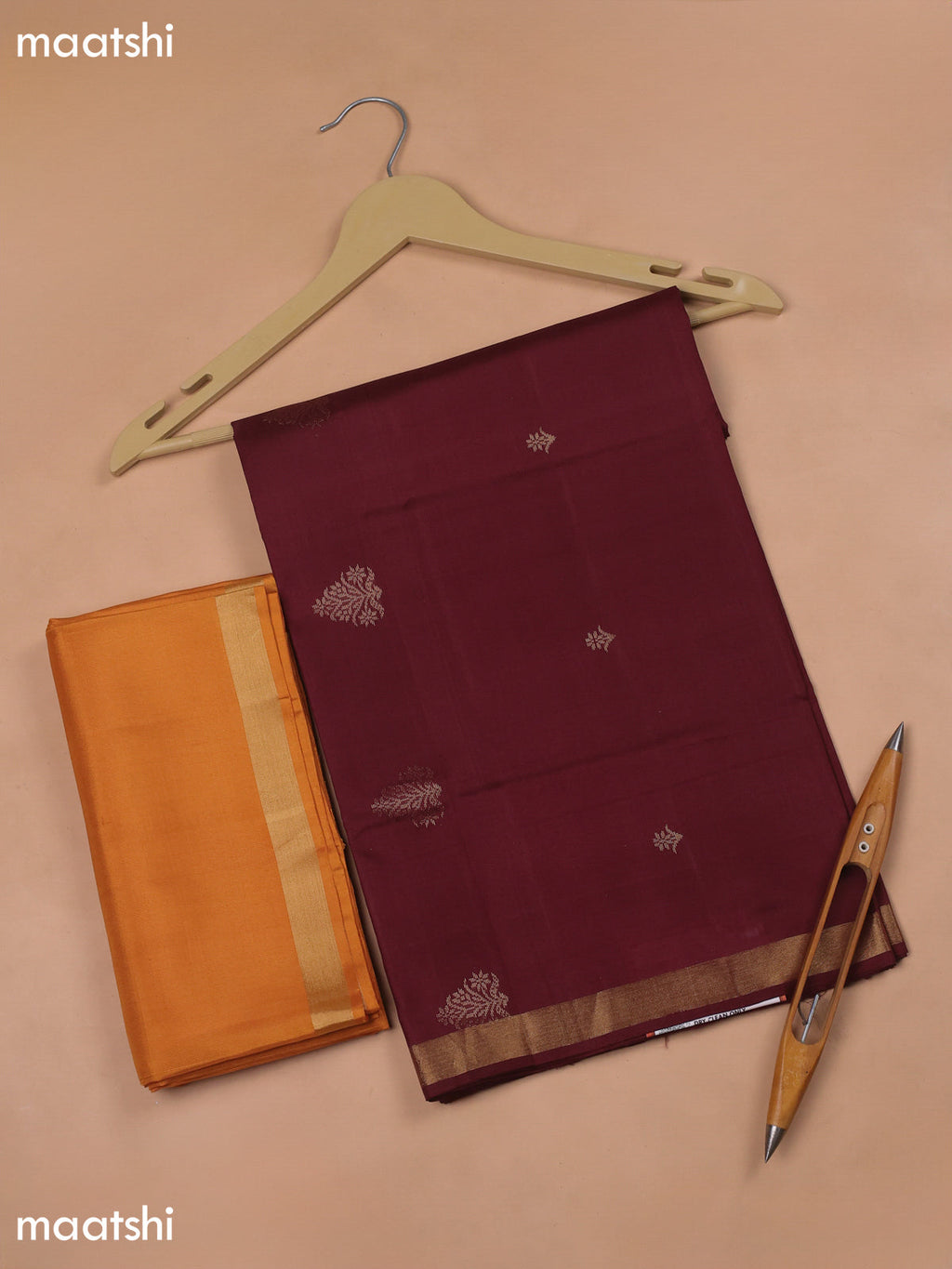 Deep Maroon and Mango Yellow Pure Silk Dress Material With Zari Butta