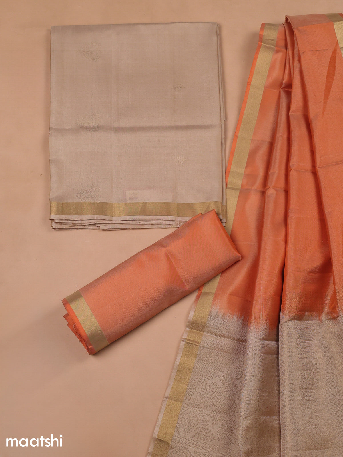 Beige and Orange Pure Silk Dress Material With Zari Butta